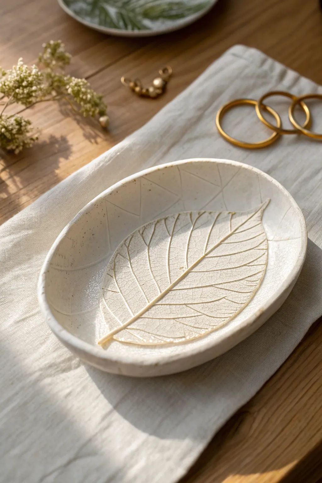 Matte white leaf-imprint mini dish styled with simple gold hoops, minimal and softly boho