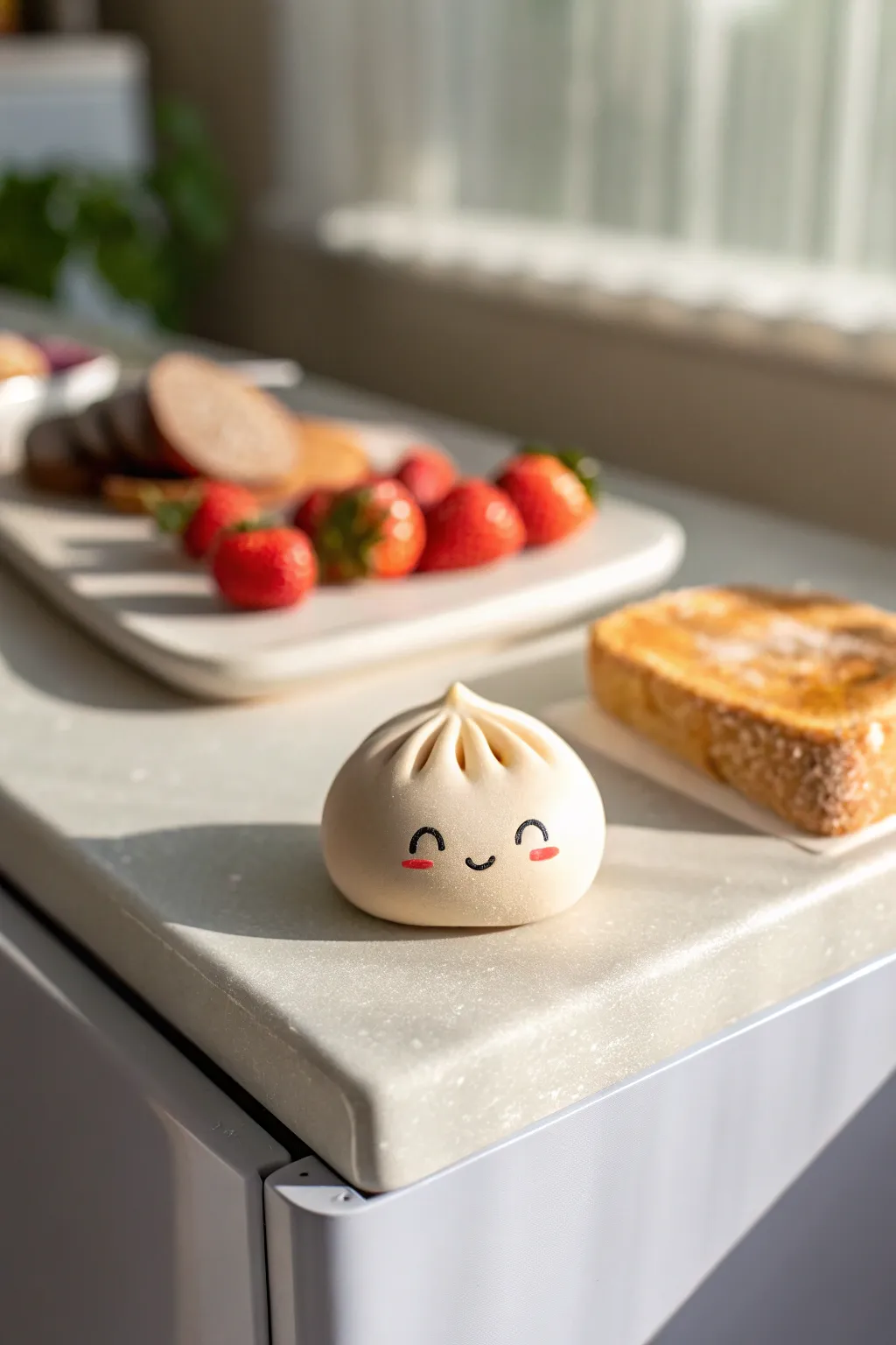 Cute mini dumpling magnet in soft neutrals, minimalist styling and plenty of airy negative space
