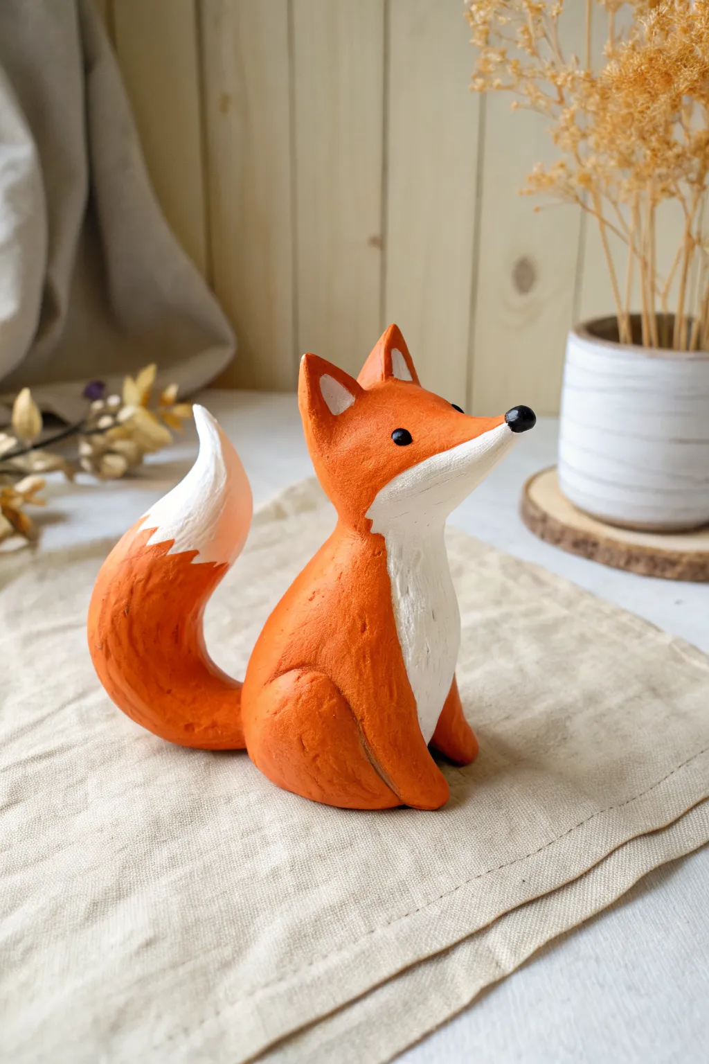 Curly-tailed air-dry clay fox with a white-tipped tail, minimalist boho inspiration for beginners.