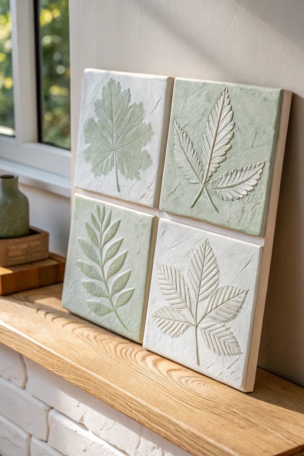 Leaf-imprint air-dry clay tiles with softly painted veins, a calm Scandinavian boho wall accent.