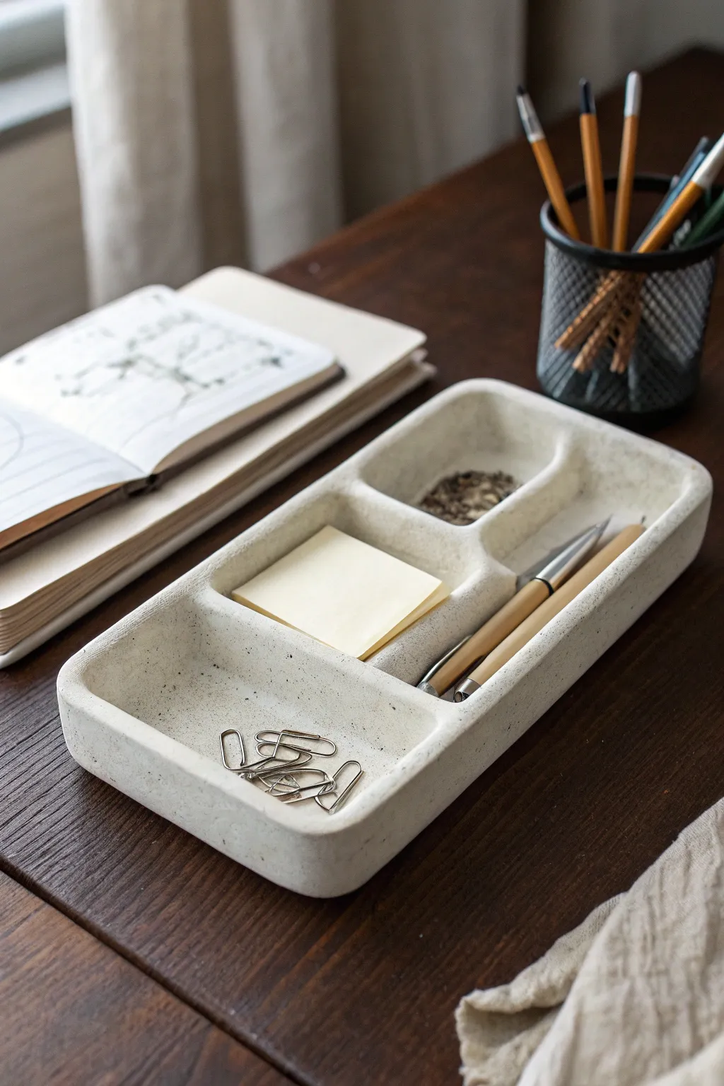 Minimal air-dry clay desk organizer tray in soft monochrome, calm Scandinavian boho styling