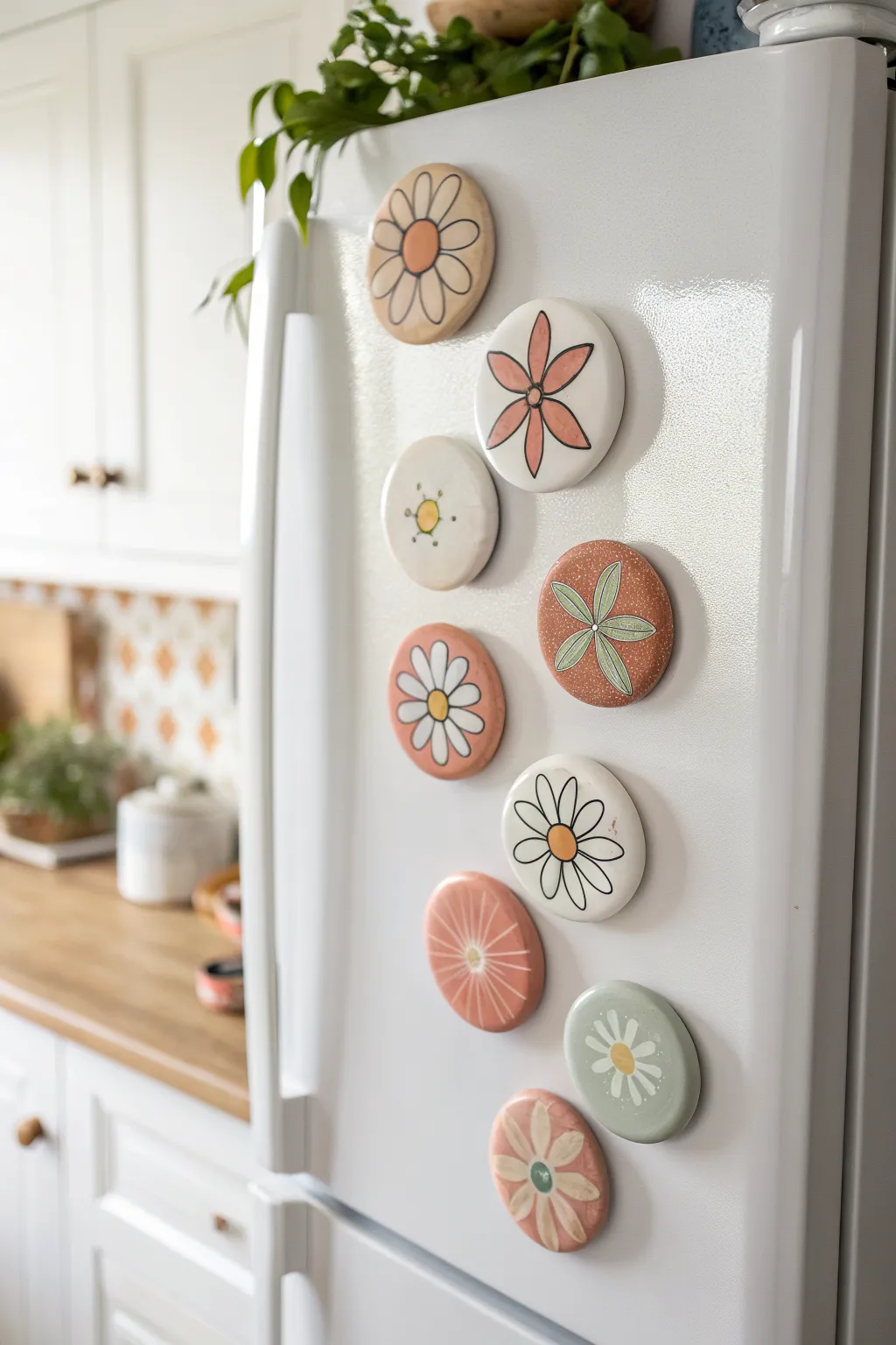Soft boho air clay fridge magnets in blush and sage, a sweet handmade gift set for friends