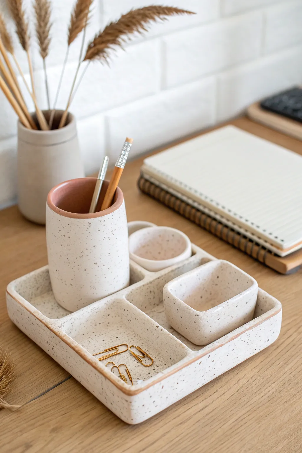 Minimal air dry clay desk organizer set in soft neutral tones for a calm, styled workspace.