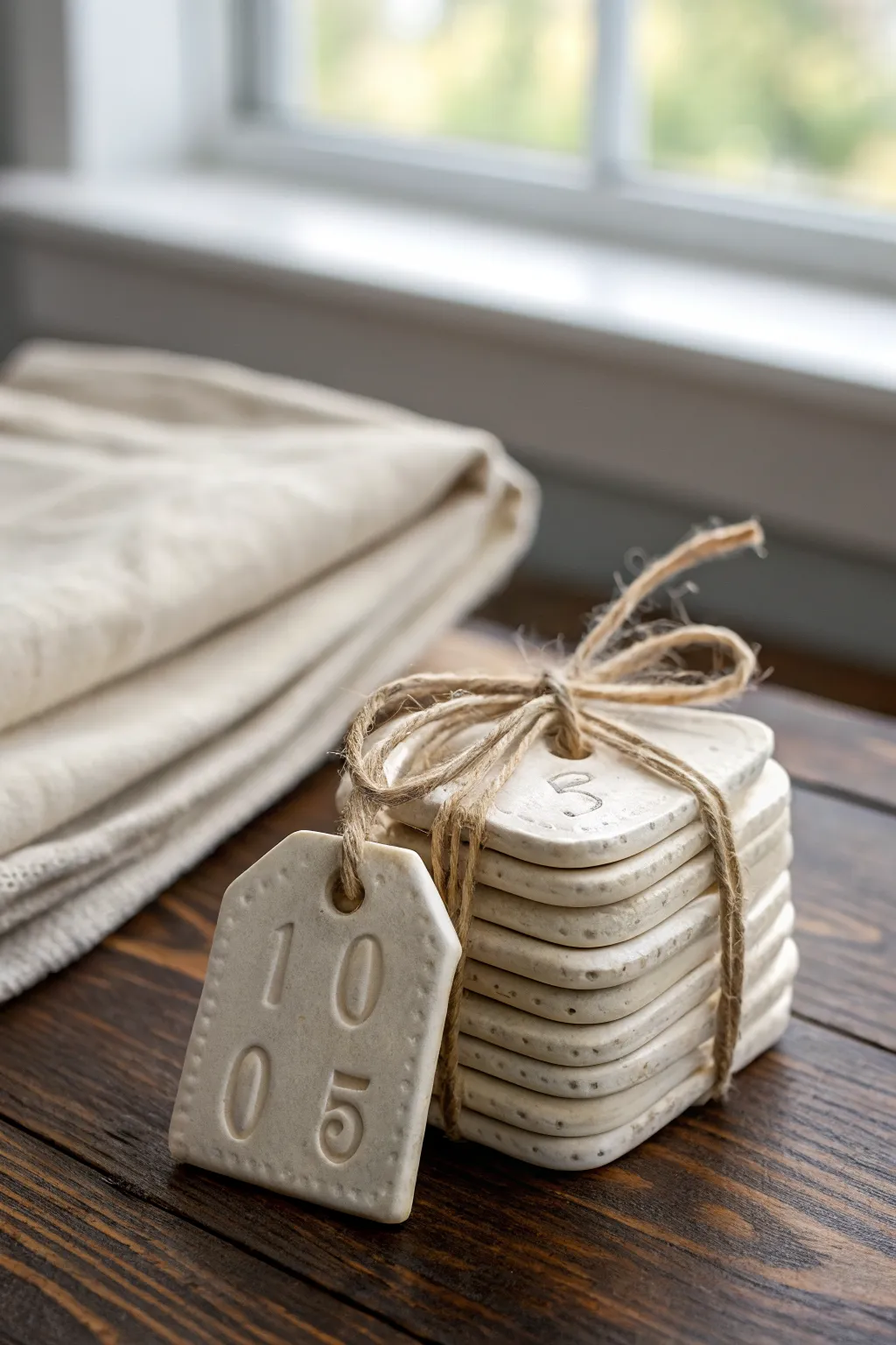 Simple air dry clay number tags tied with twine, a beginner friendly project with Nordic charm.