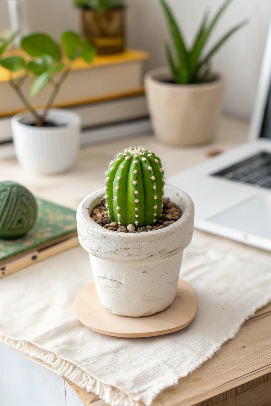 Bright green mini air-dry clay cactus pot bringing playful desk decor in a minimalist style
