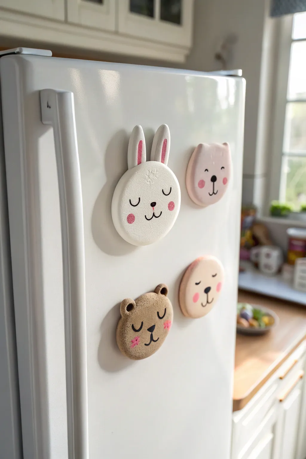 Mini animal face air clay magnets with rosy cheeks, simple lines, and cozy minimalist charm
