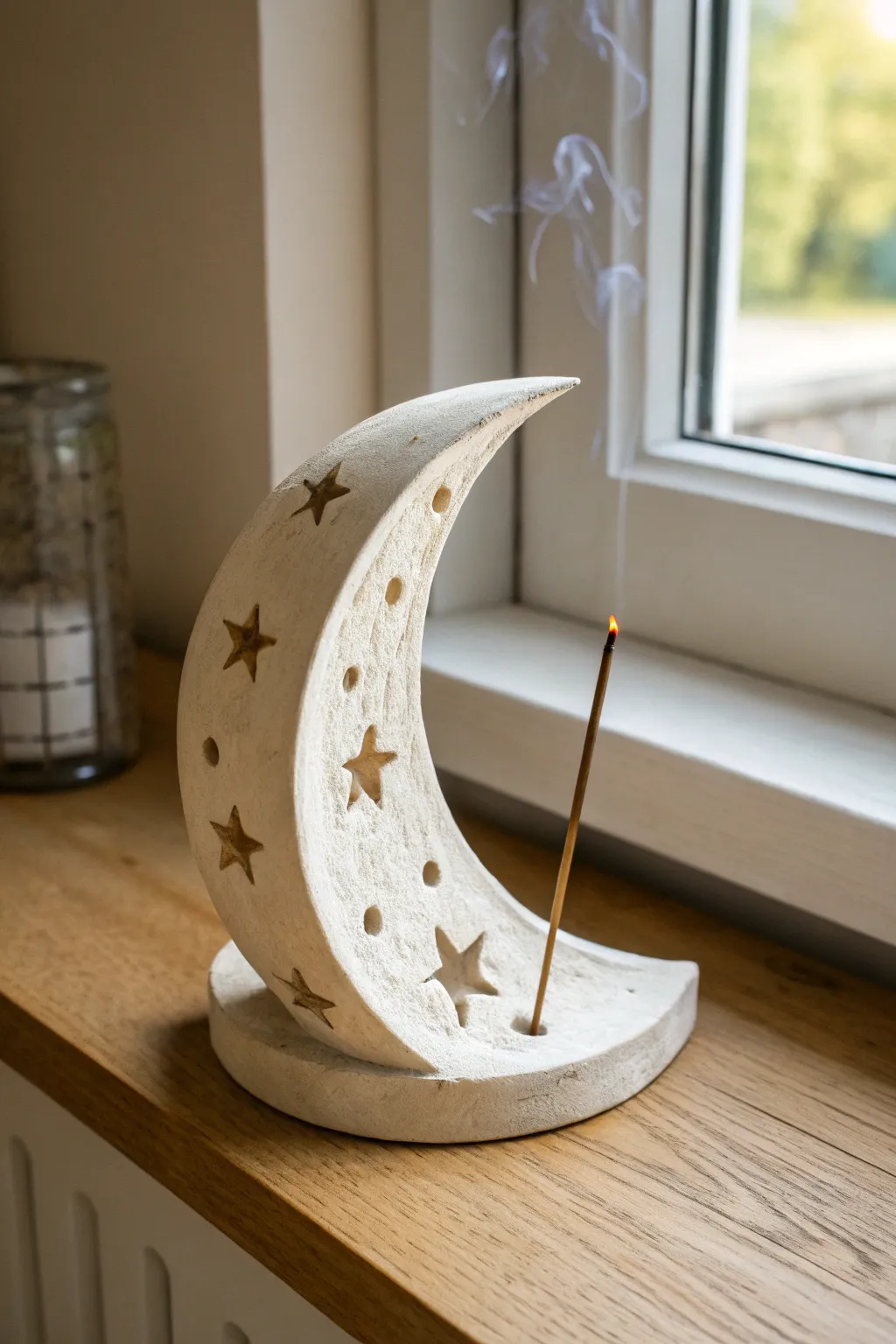 Minimal crescent moon air-dry clay incense holder with tiny star cutouts in calming neutral tones