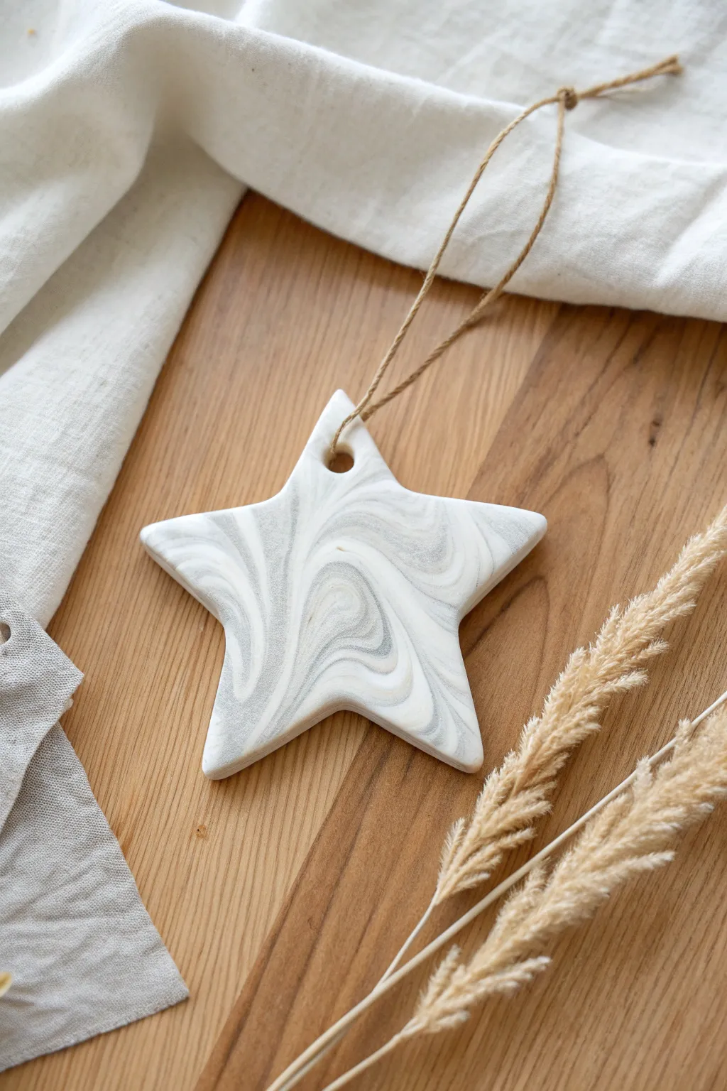 Soft marbled swirl air clay star ornament in minimalist Scandinavian styling with natural contrast