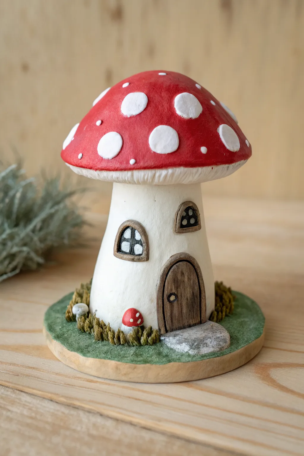 Whimsical air-dry clay mushroom cottage with a dotted red cap and sweet tiny door details