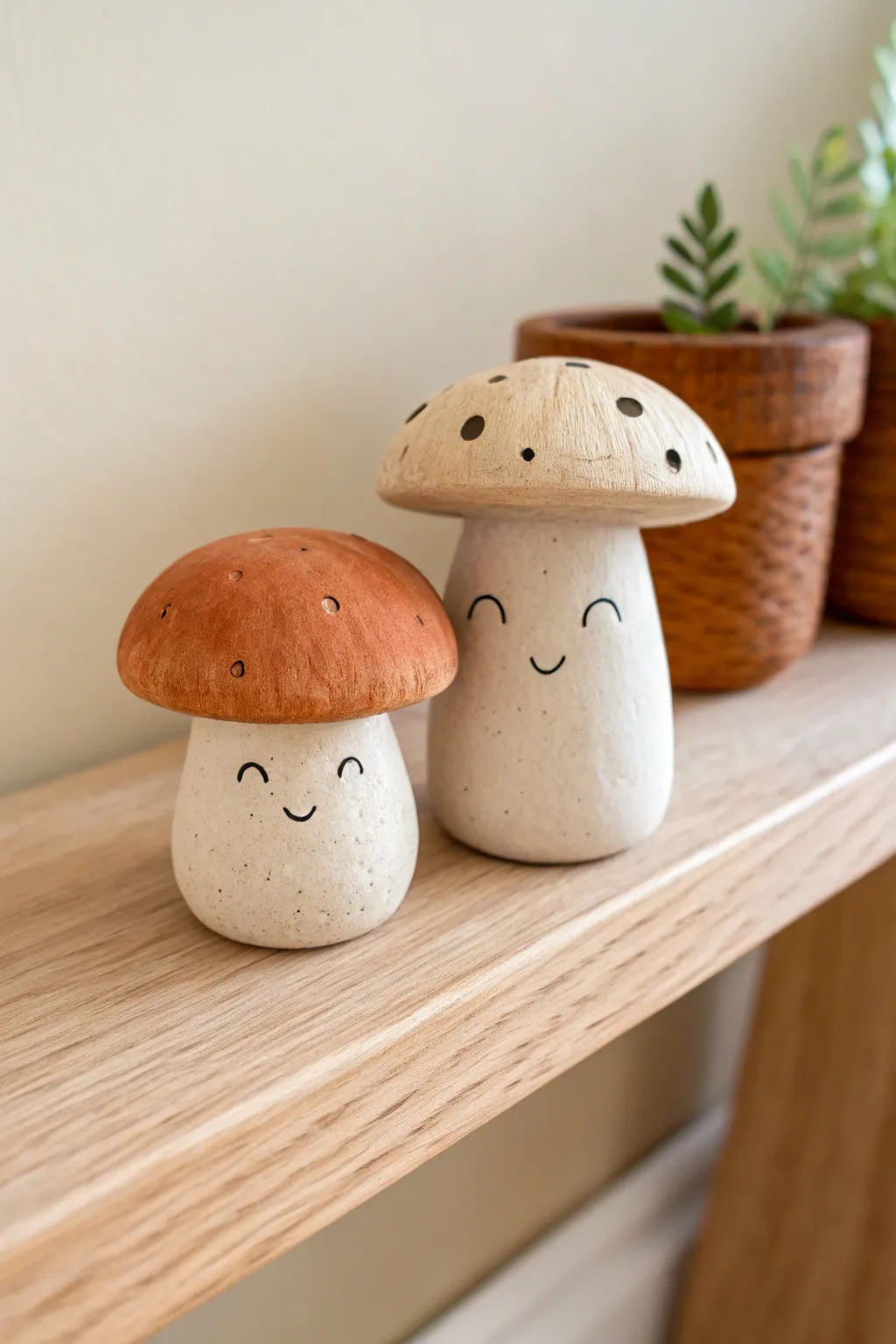 Sweet mushroom couple shelf sitters in airy, minimalist tones for a cozy clay date idea
