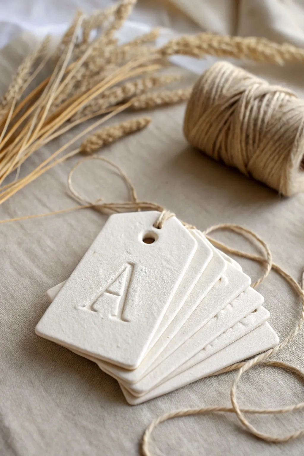 Easy air dry clay initial tags with twine, minimalist and handmade for simple, pretty gifting.