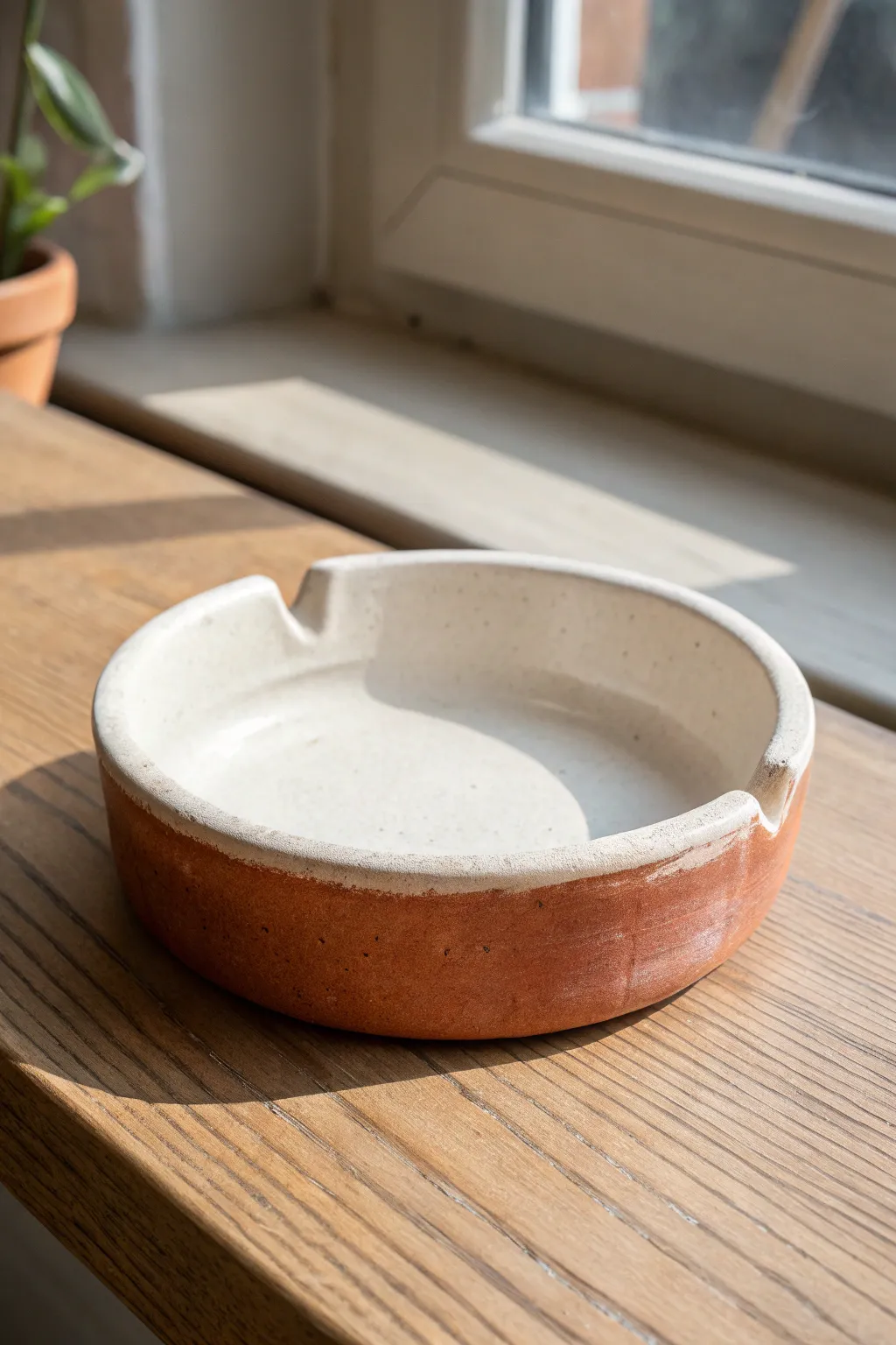 Minimal air-dry clay ashtray with built-in lighter slot, glossy two-tone and clean lines.