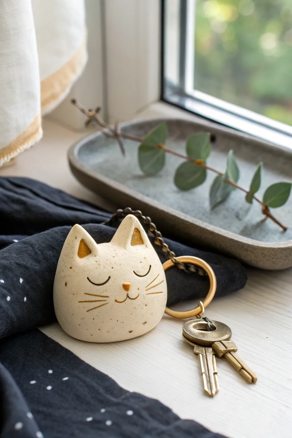 Simple air dry clay cat keychain charm, coin sized and cute, styled with keys in soft Nordic light
