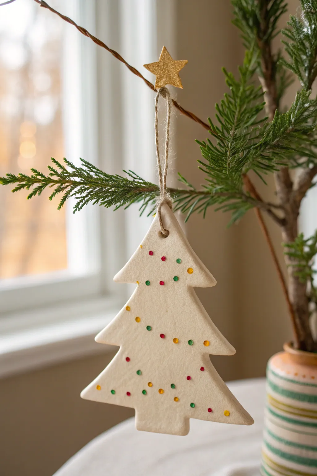 Minimal clay tree keepsake with fingerprint lights and a tiny star, perfect for cozy holidays