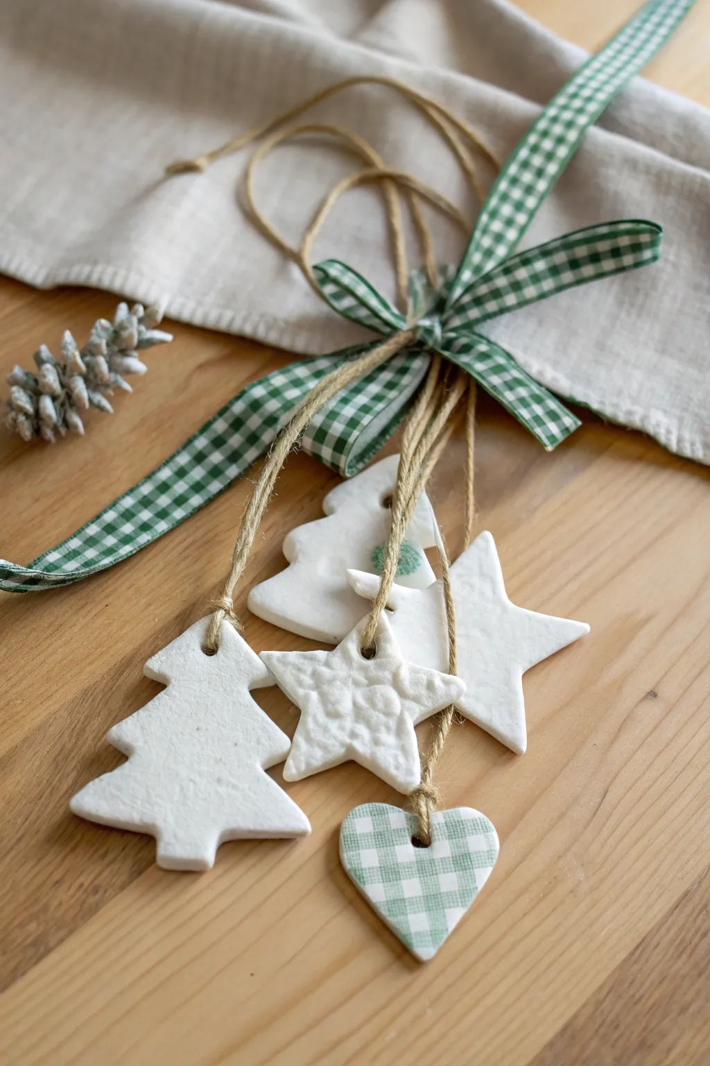 Minimal white clay ornaments with gingham ribbon hangers for a simple Scandi boho Christmas touch.