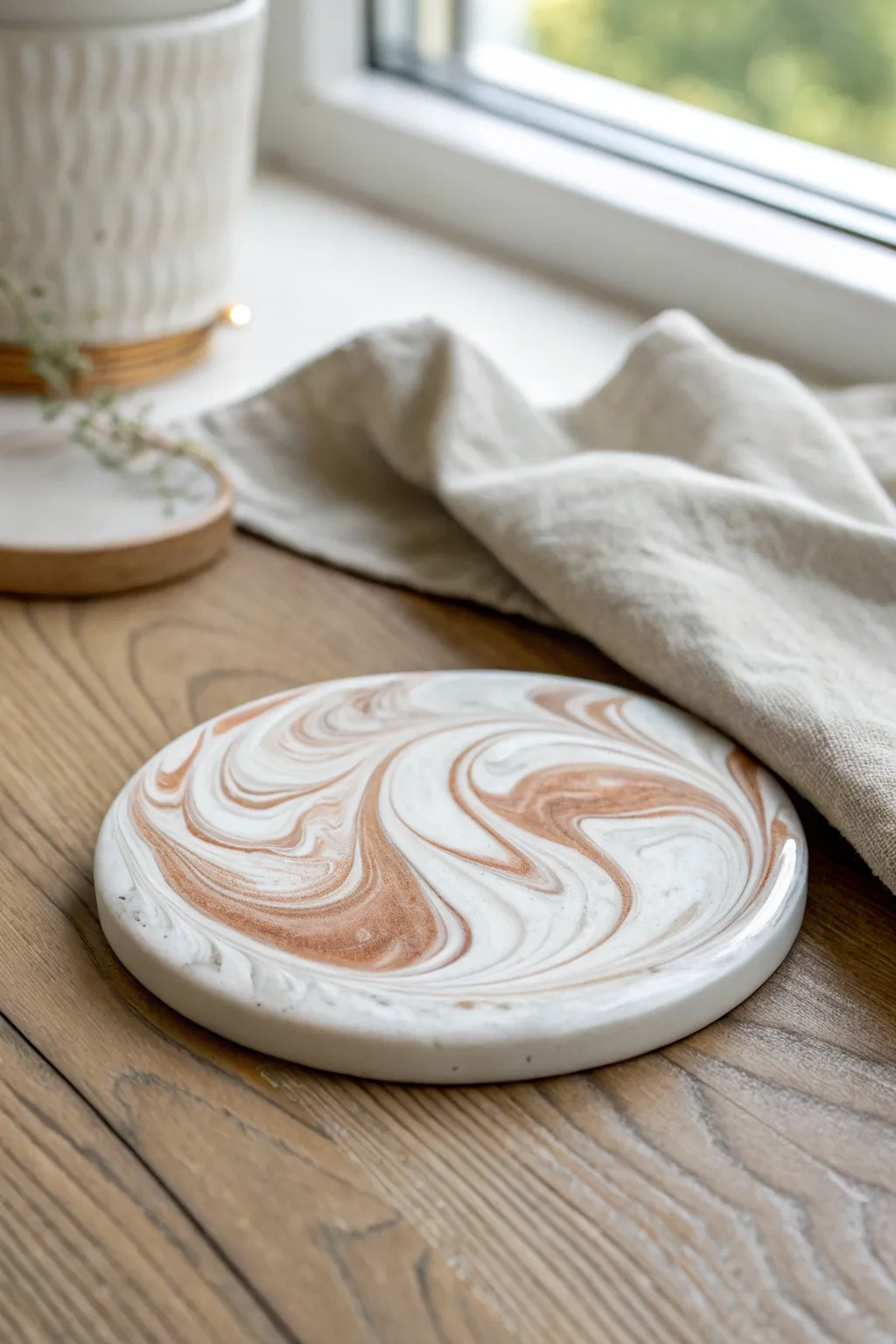 Glossy marbled air-dry clay coaster with soft swirls and bright light for a minimal boho look