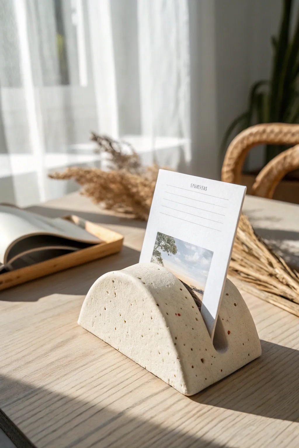 Minimal air dry clay stand holding a photo and postcard for a calm, curated desk moment