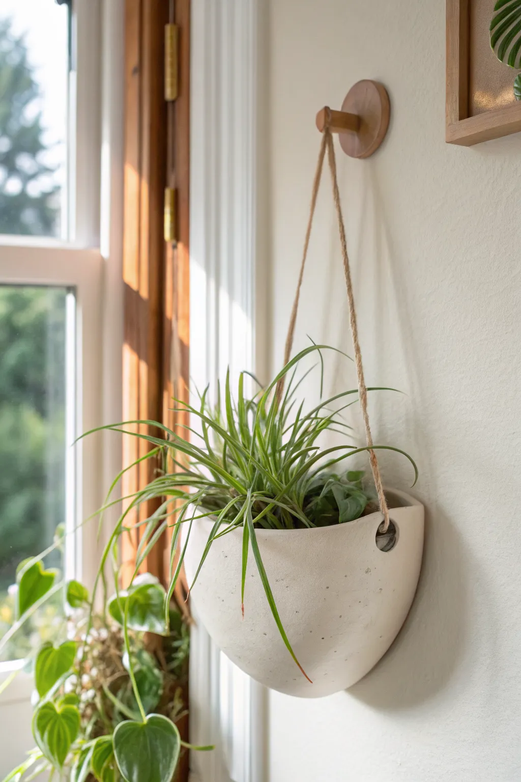 Minimal air-dry clay wall pocket planter with an airy green plant, Scandinavian calm with boho warmth