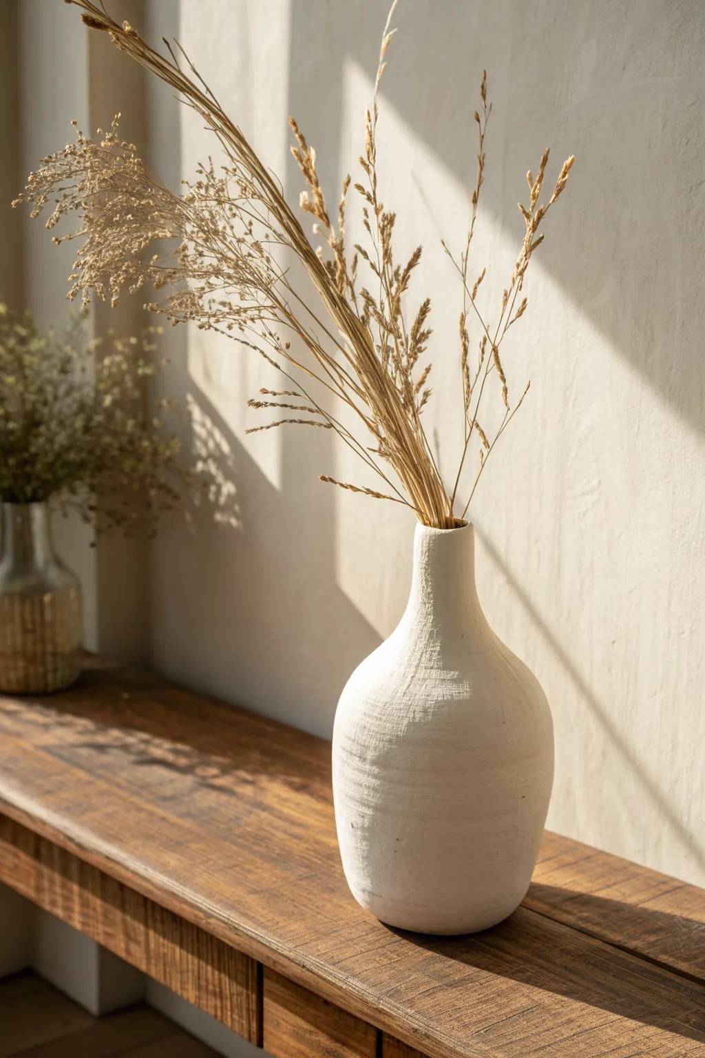 Minimal air dry clay bud vase wrap with dried stems, soft light, Scandinavian calm.