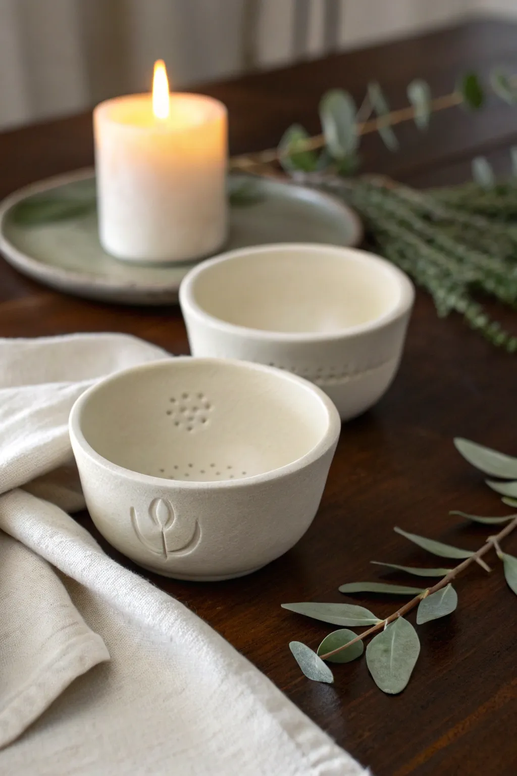 Two minimalist air dry clay bowls as date night prompts, cozy and calm for meaningful chats