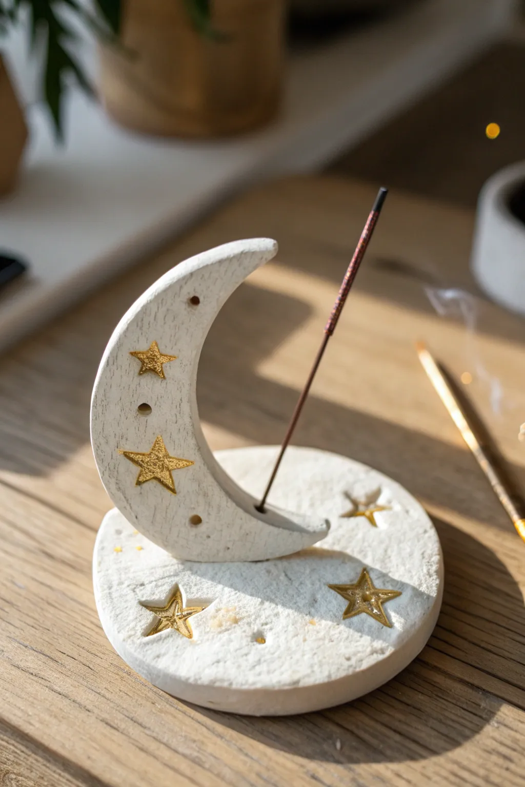 Creamy white moon incense holder with delicate gold stars, minimalist boho decor for calm spaces.