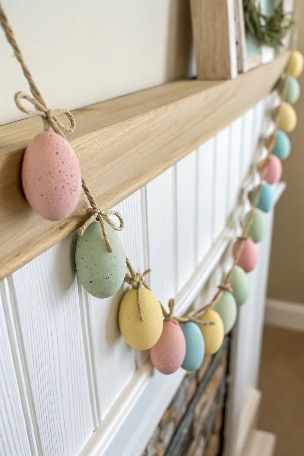 Soft pastel clay egg garland on twine with linen bows, perfect minimalist Easter mantel charm