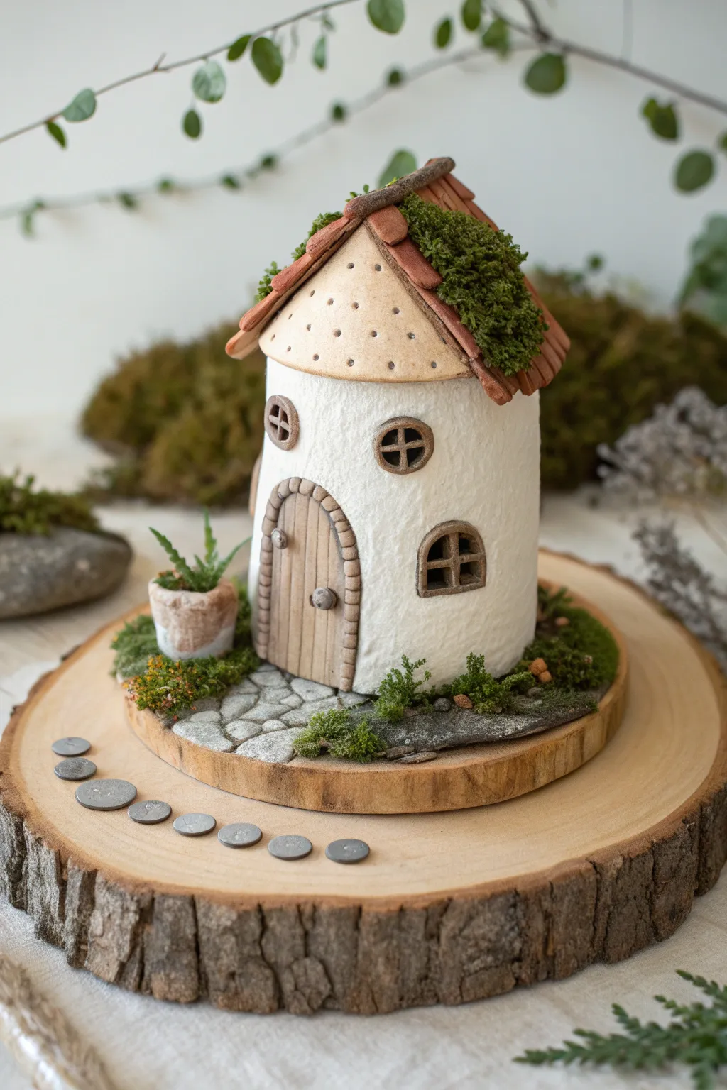 Cozy air dry clay fairy house on a wood slice base with moss, stones, and a tiny path.