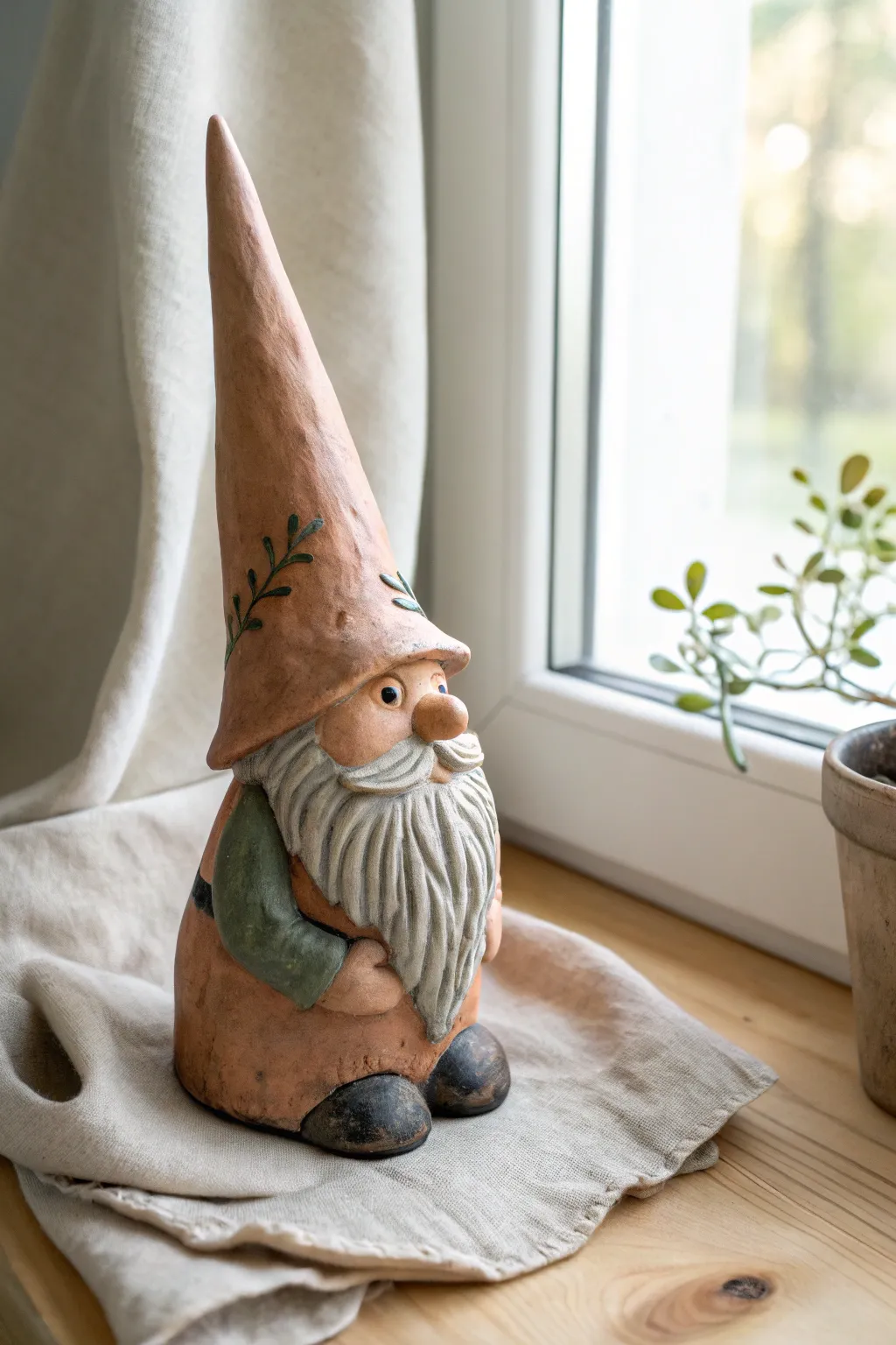 Classic air dry clay gnome with a pointy hat in earthy tones, simple, cozy, and minimalist
