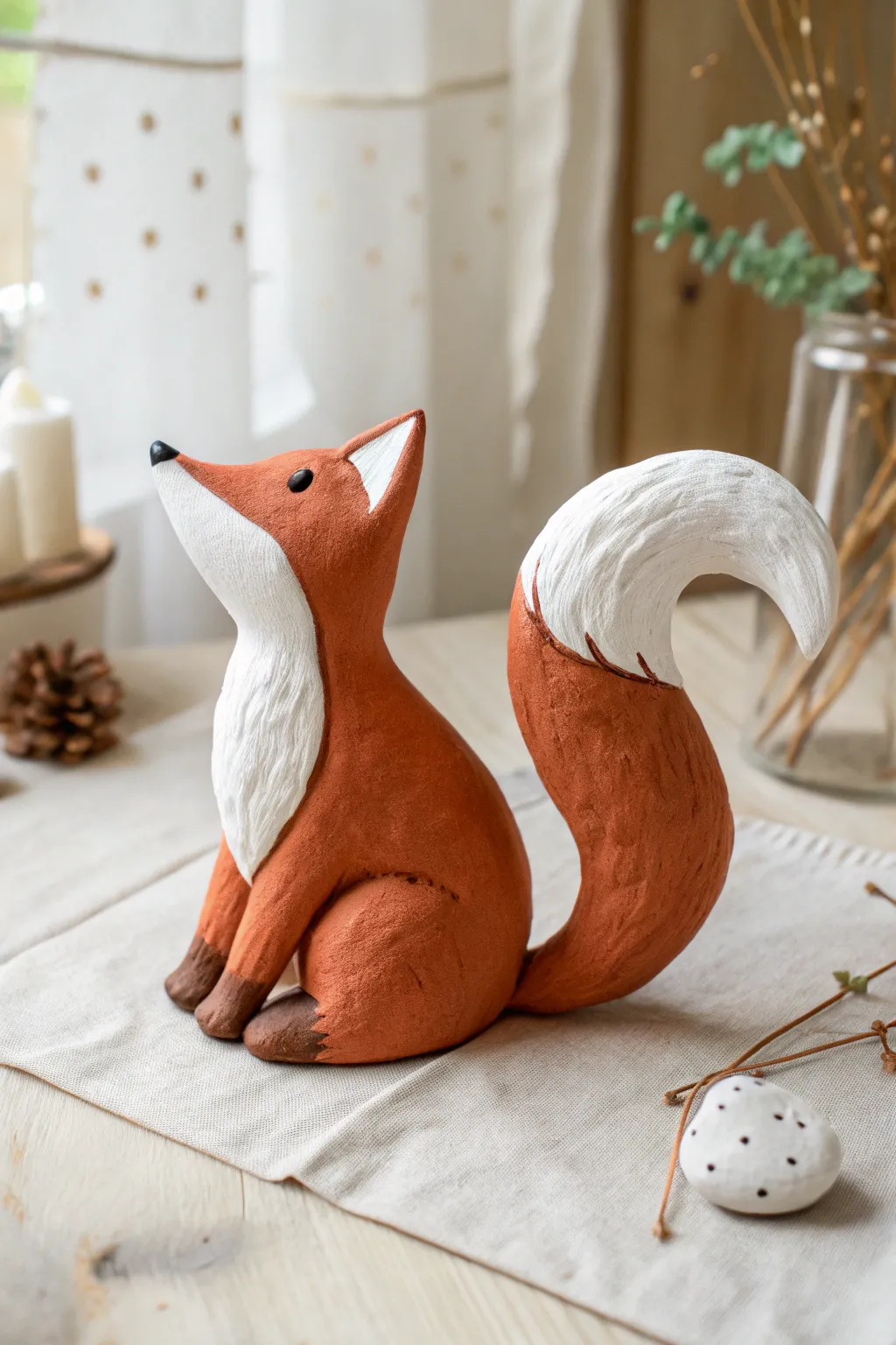 Sweet woodland fox figurine with a fluffy carved tail, simple shapes, cozy earthy tones.