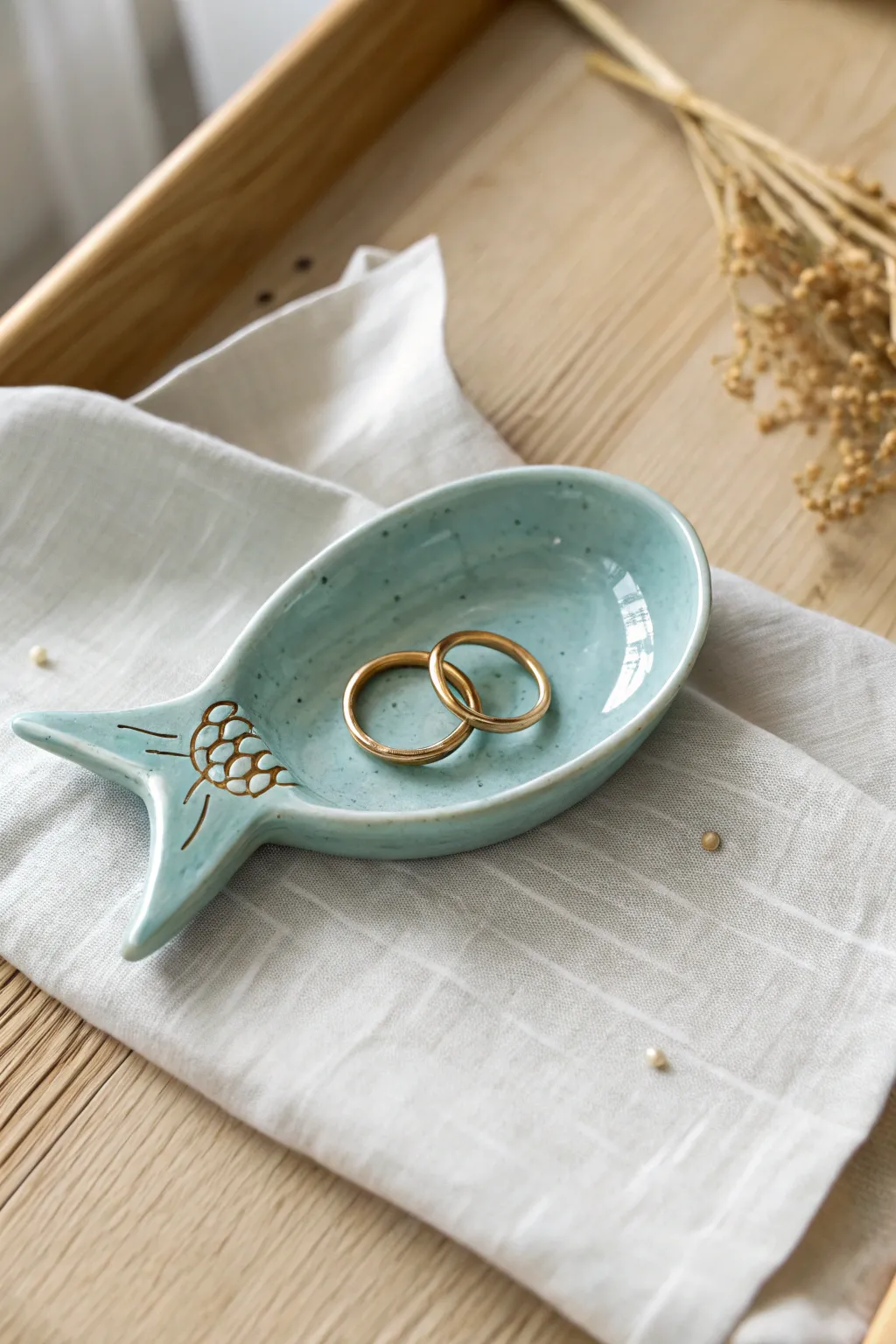 Simple seafoam fish trinket dish in air dry clay, glossy finish, perfect for rings and calm decor.