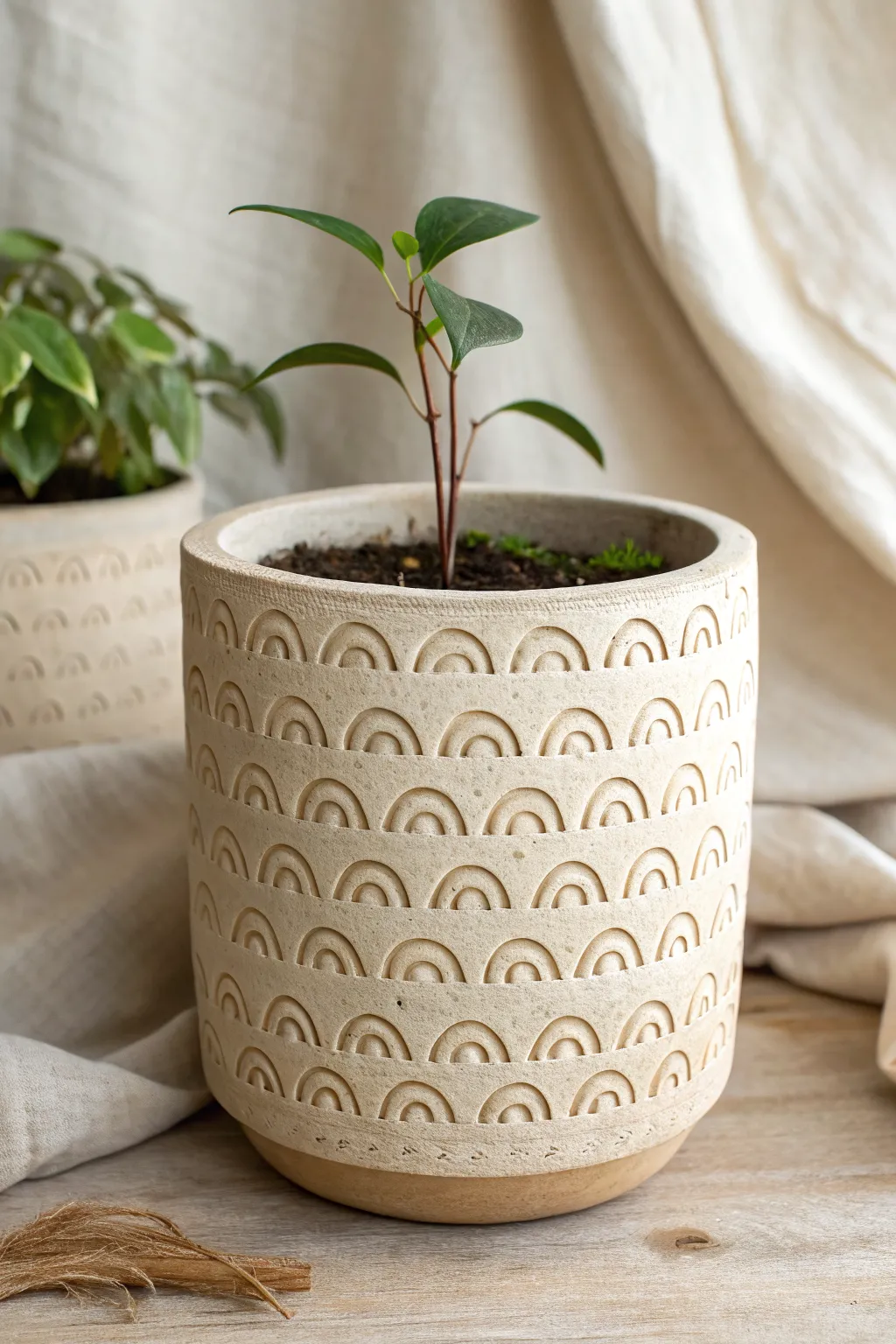 Stamped air dry clay pot vase planter with minimalist texture and soft Scandinavian boho styling