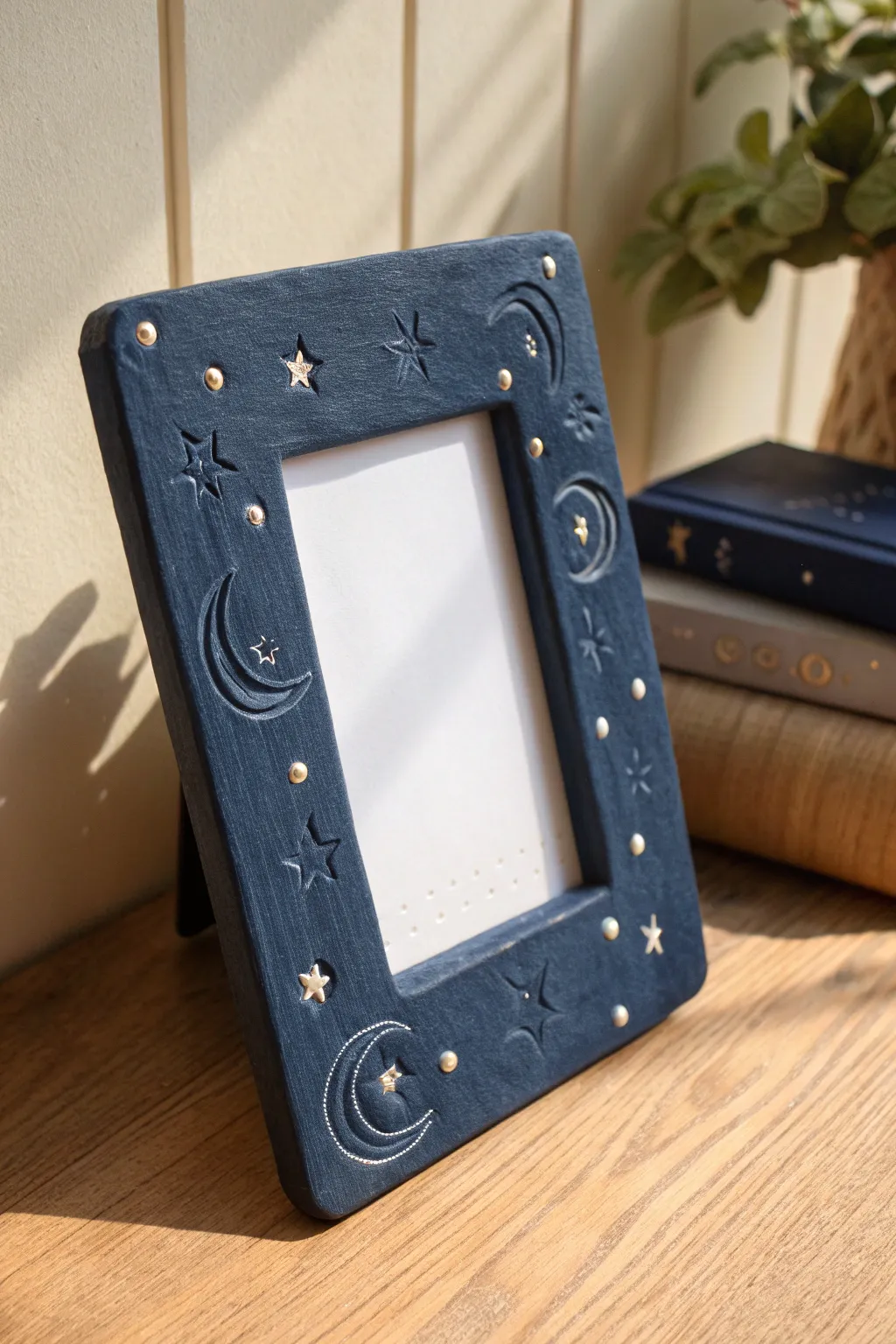 Deep blue moon and stars air dry clay frame, minimalist night-sky charm for your desk.