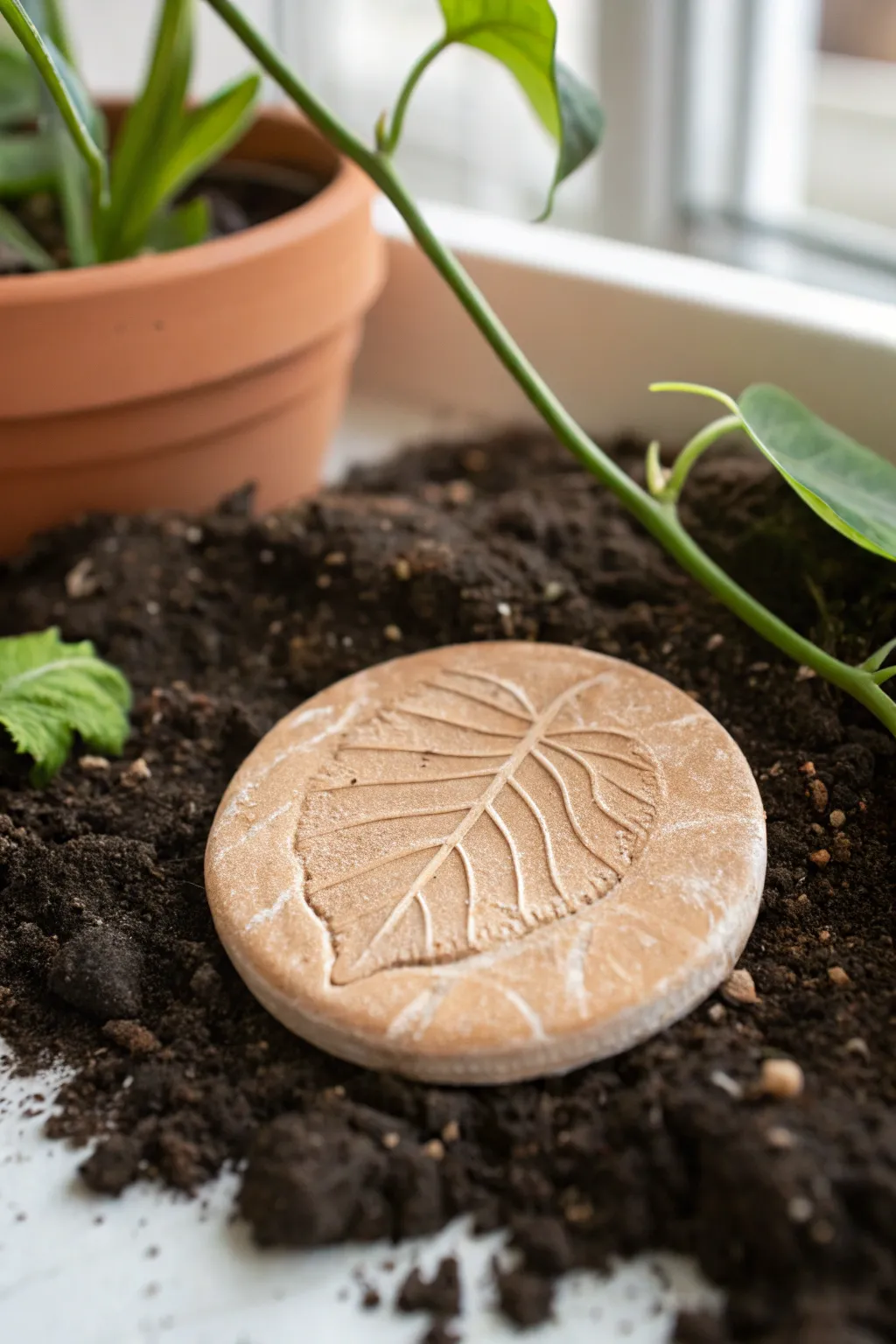 Leaf-imprint air dry clay medallion resting on rich soil, a simple handmade garden token