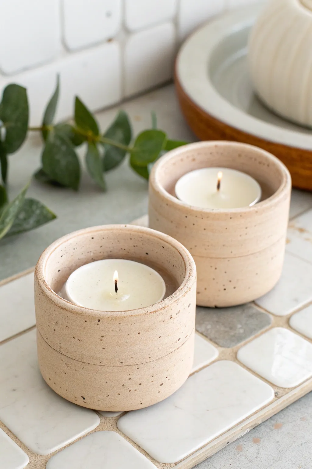 A cozy matching pair of air dry clay tea light holders, minimalist, modern, and gift ready