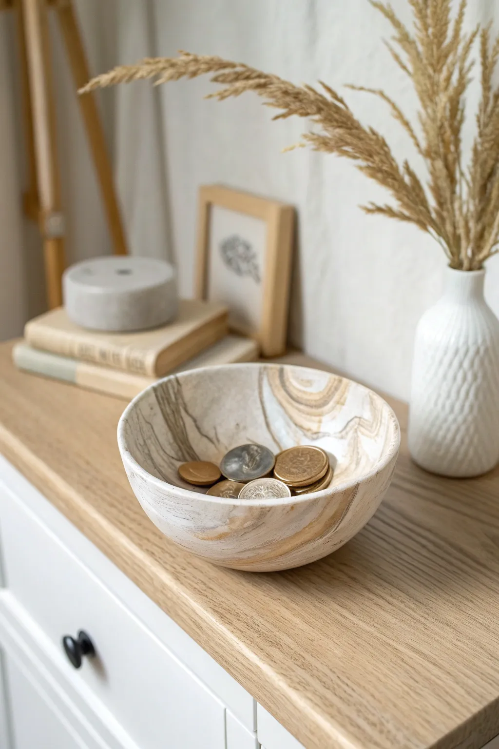 Minimal marbled trinket bowl to catch coins and lip balm, a chic air dry clay gift idea