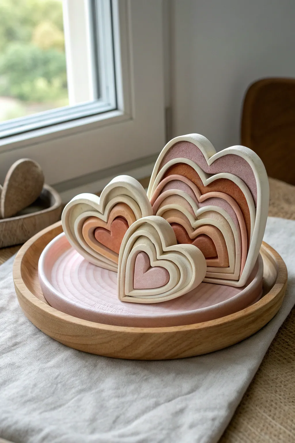 Layered air dry clay hearts in soft neutrals, nested and stacked for a cozy minimalist tray decor.