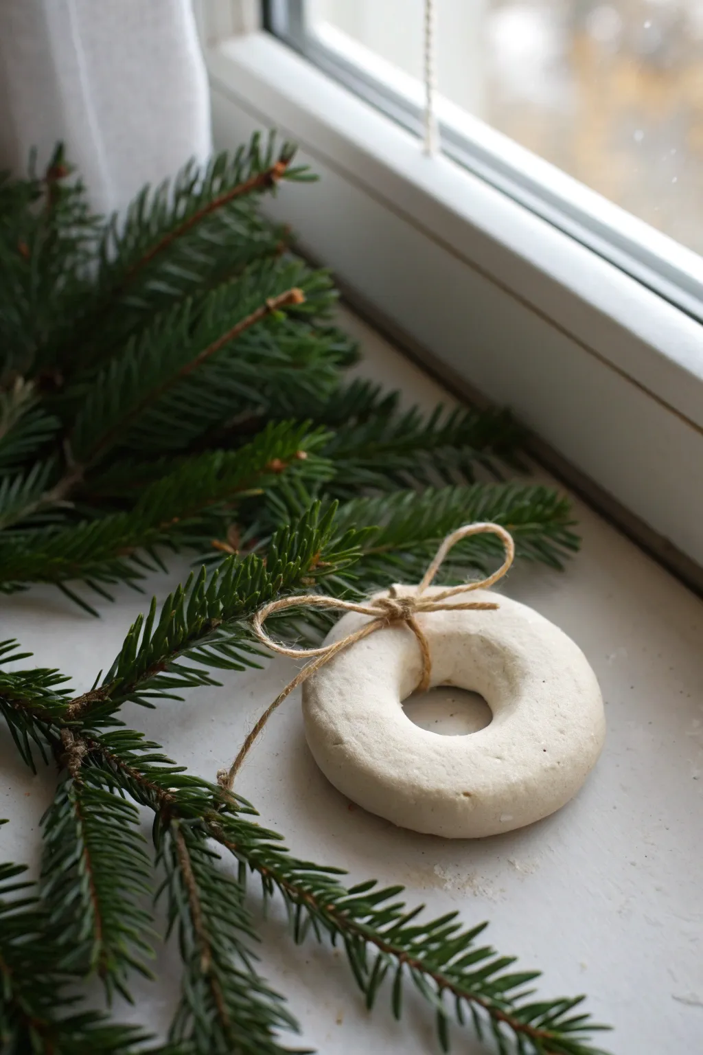 Rustic air dry clay wreath ornament with a twine bow, styled on pine for cozy contrast.