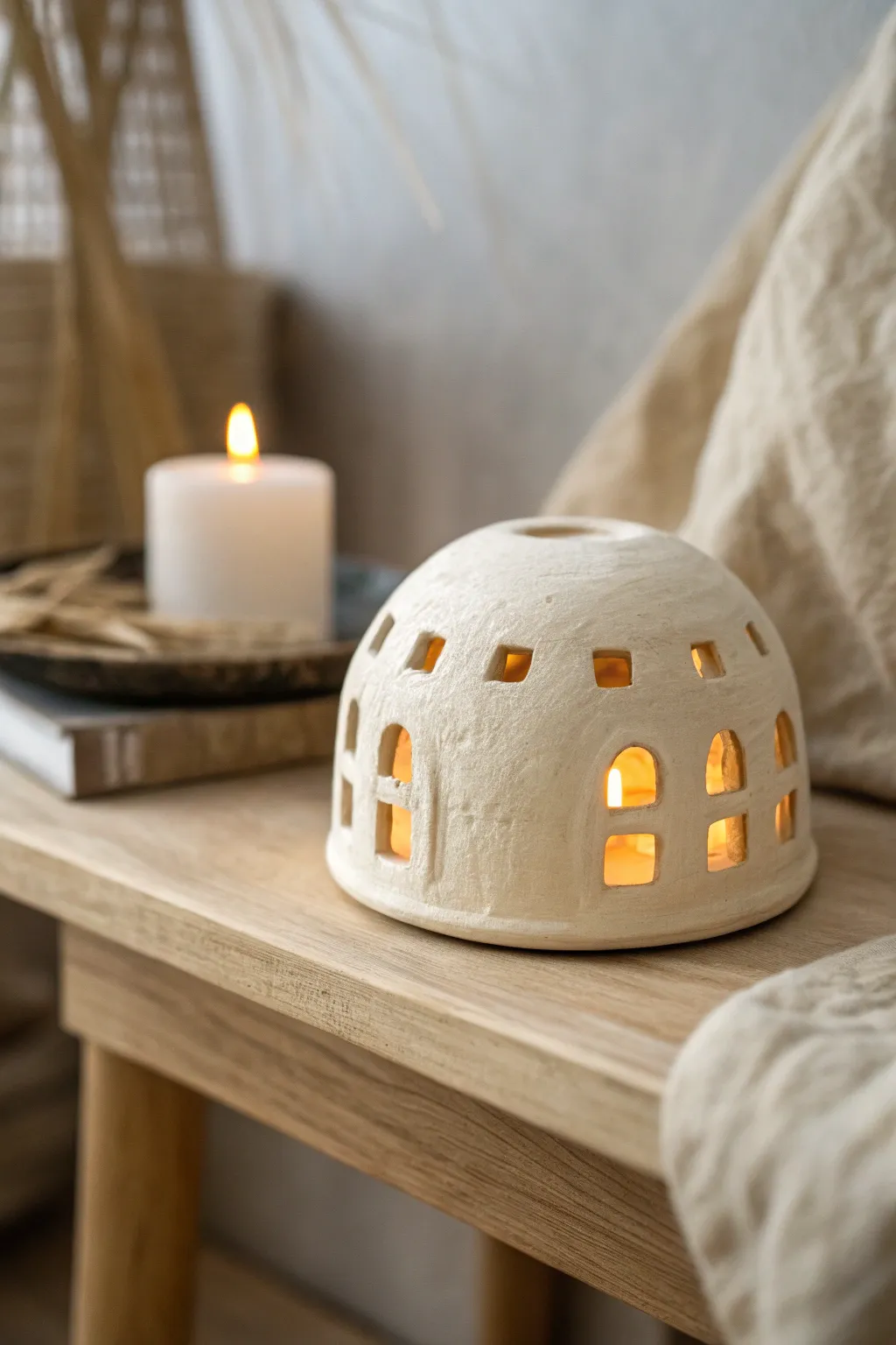 Minimal air dry clay cutout dome tea light for a warm, cozy Scandinavian boho glow.