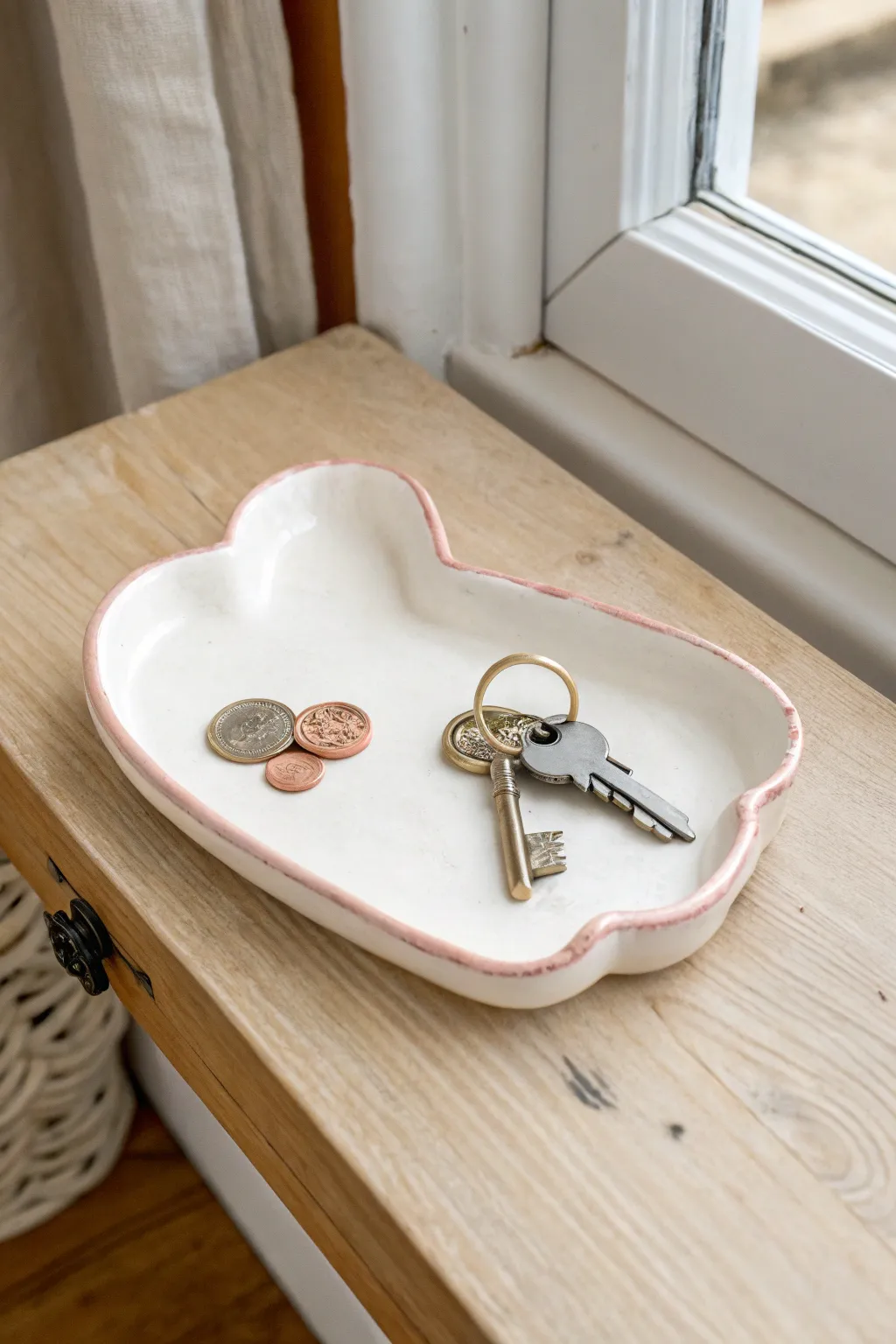 Warm white cloud key tray with pastel edge, styled with keys and coin for a minimal entryway
