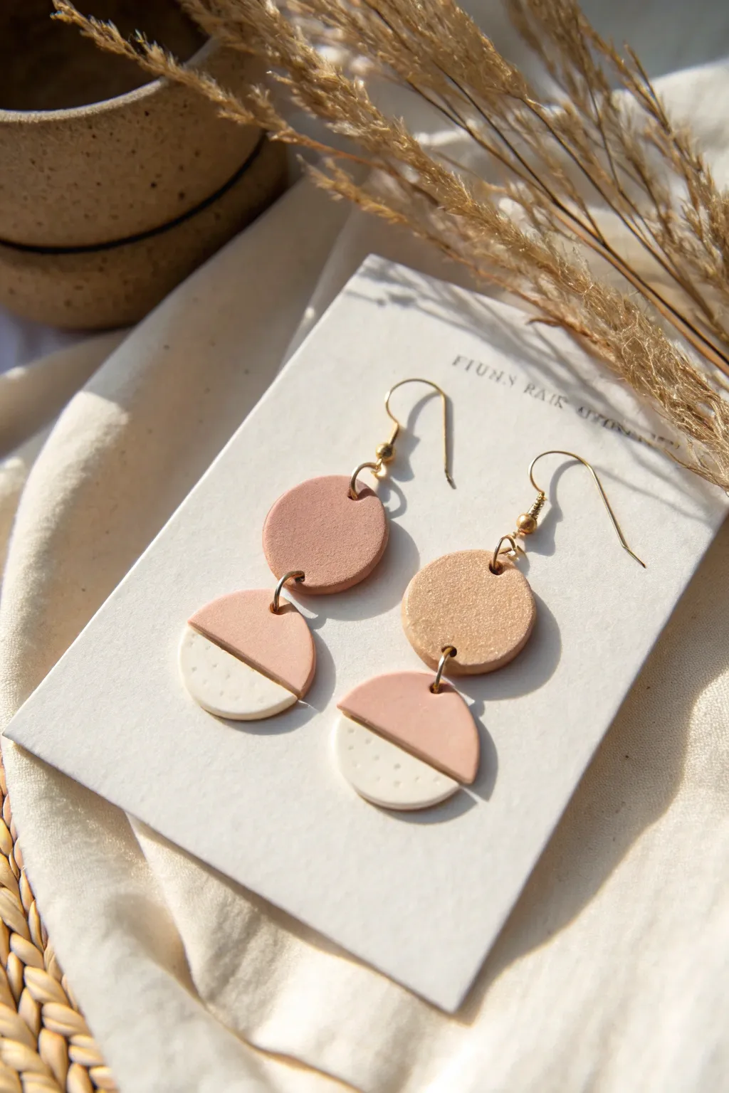 Minimal geometric air dry clay earrings in blush and sand tones, modern and handmade.