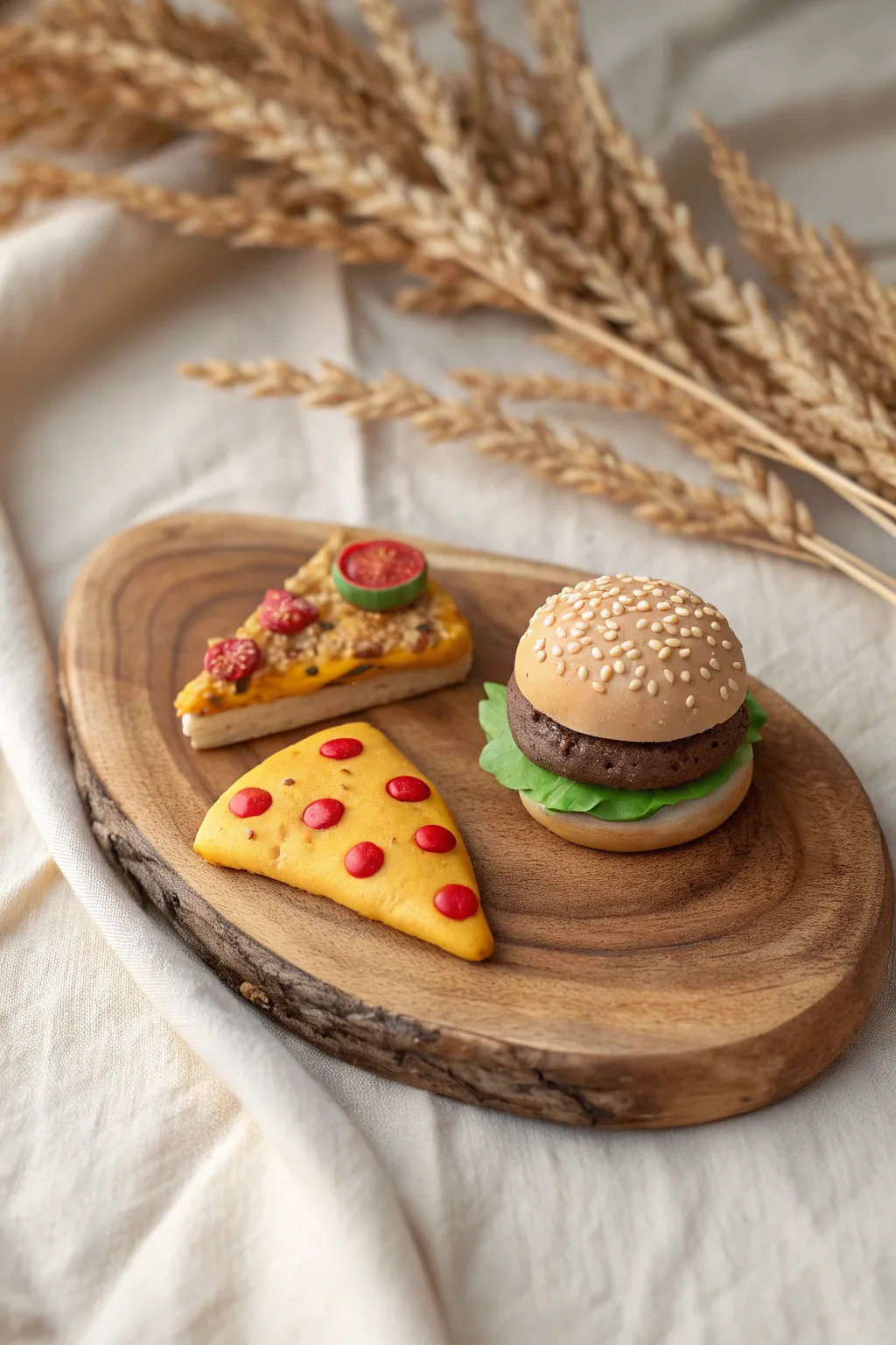 Date-night clay idea: tiny pizza slice and burger miniatures on a minimalist picnic board