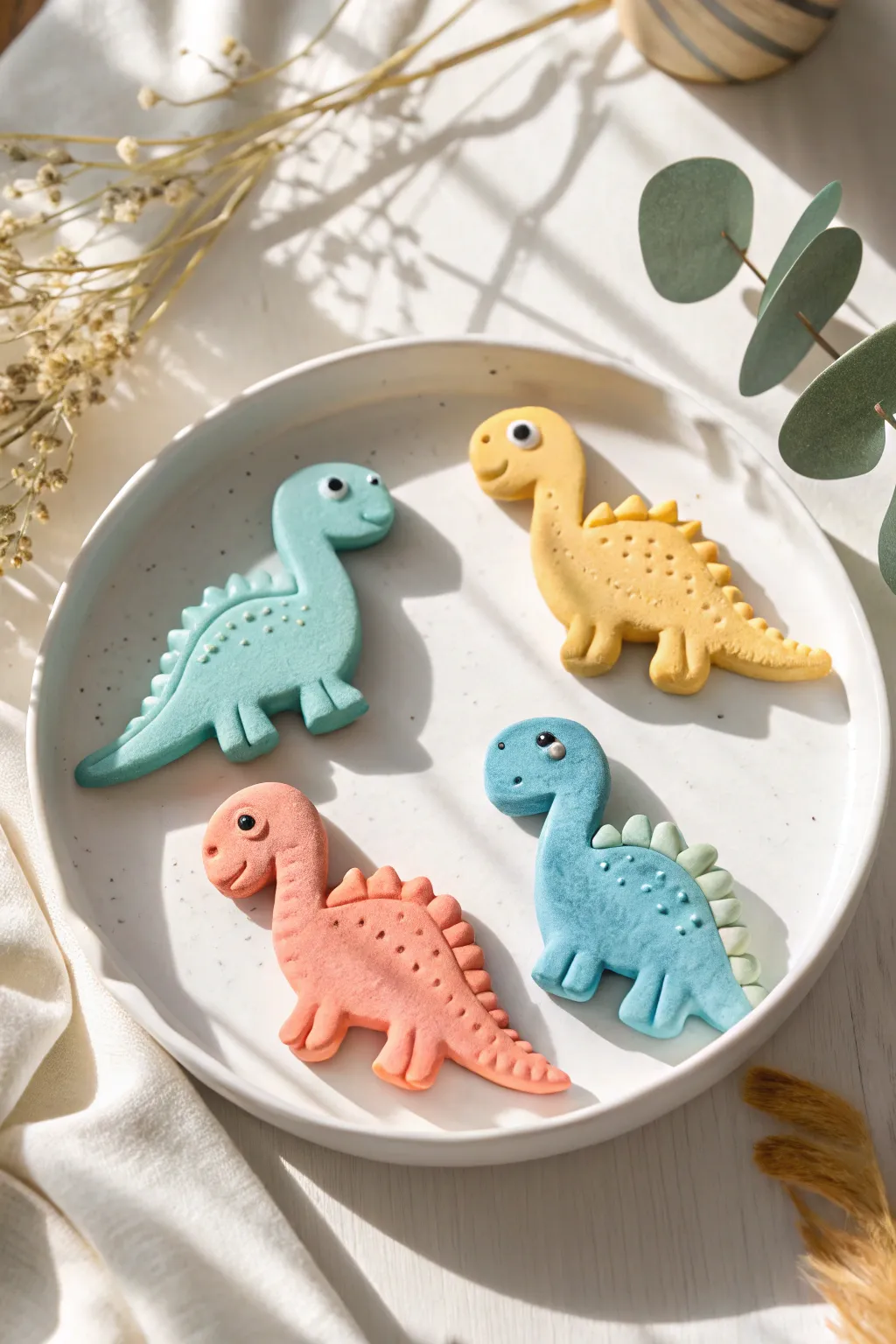 Tiny air-dry clay dinosaur face magnets in soft brights, perfect for a cute minimalist fridge.
