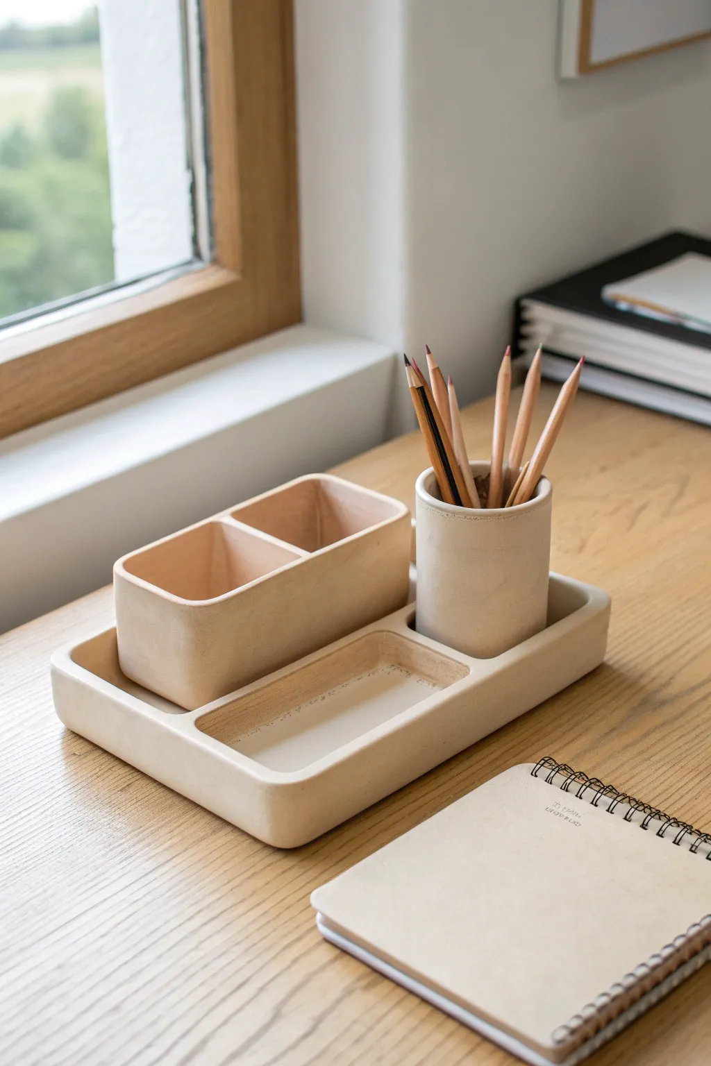 Soft neutral air-dry clay trays and pencil cup for a calm, tidy desk with minimal boho style.