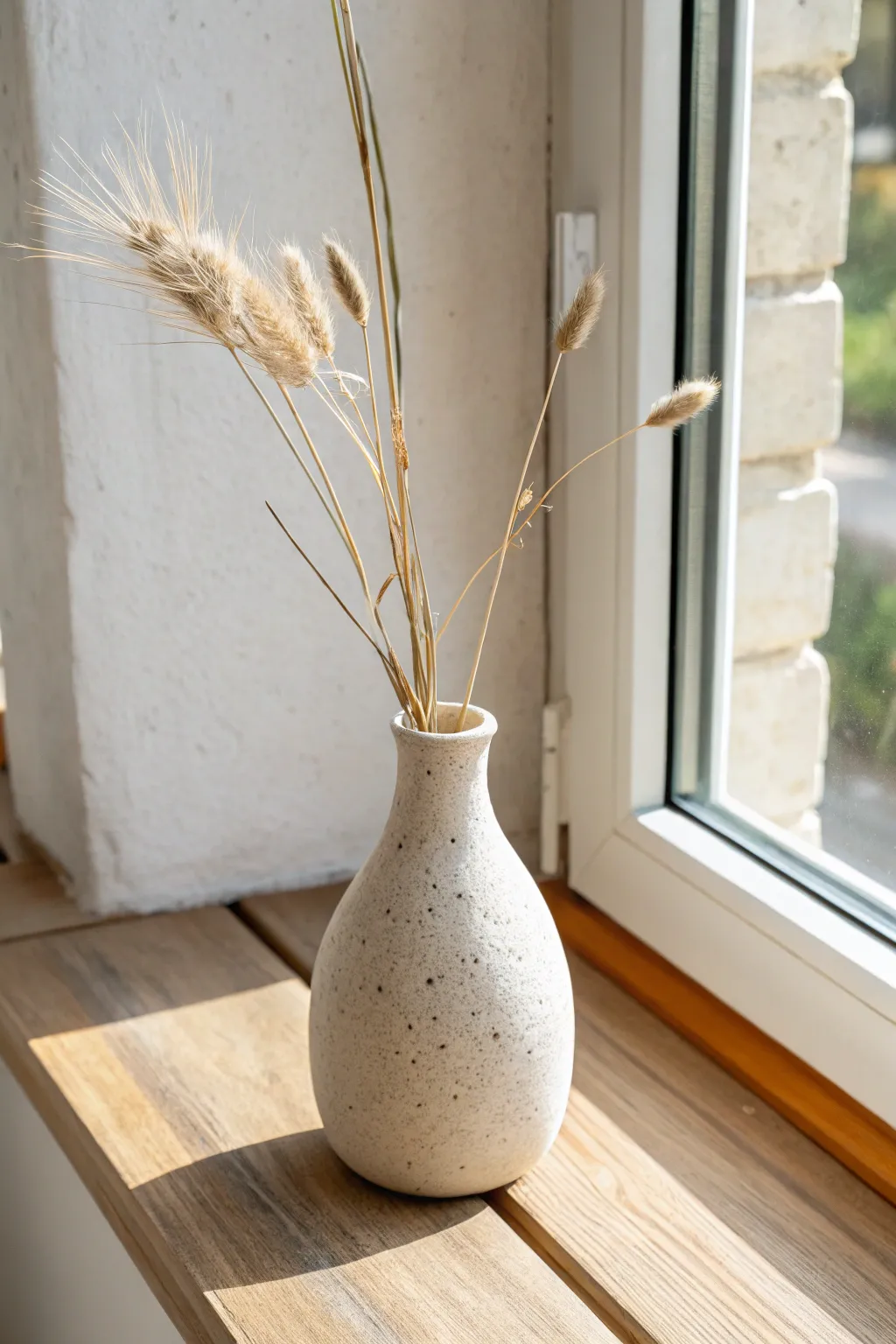 Beginner air dry clay bud vase, minimal cylinder shape styled with a few dry stems