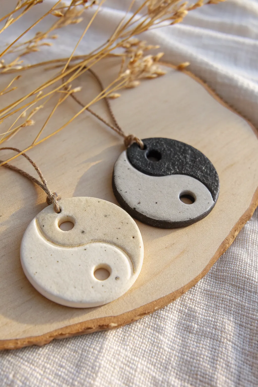 Minimal yin-yang clay charms in light and dark, made to fit together for balanced couple vibes