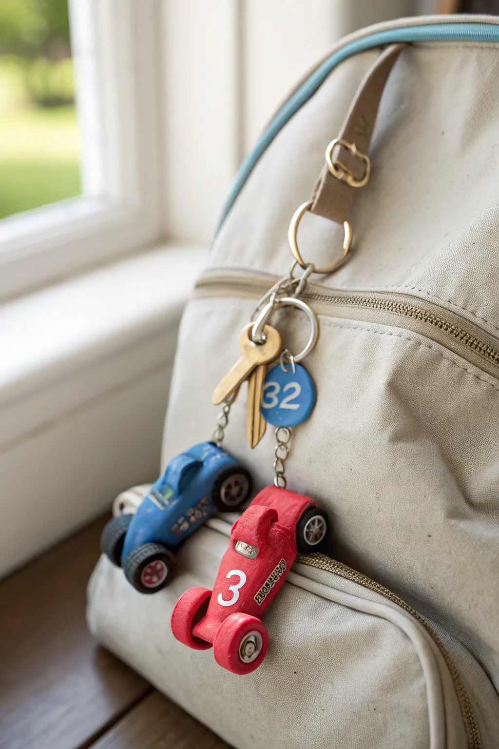 Two tiny air-dry clay race cars on one keychain, with bold number plates for a backpack zipper.