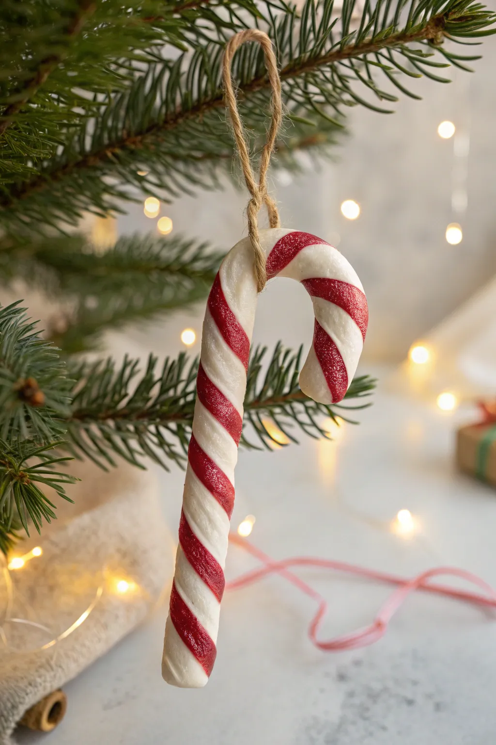 Sweet candy cane swirl clay ornament with glossy finish, softly lit against cozy blurred lights