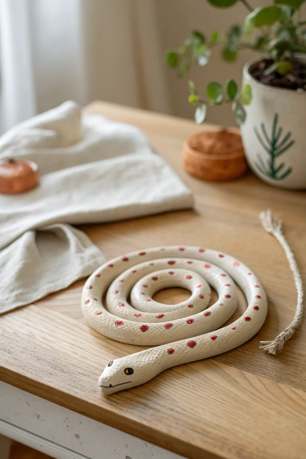 Chunky air-dry clay coil snake with simple spots, perfect for little hands and big smiles.