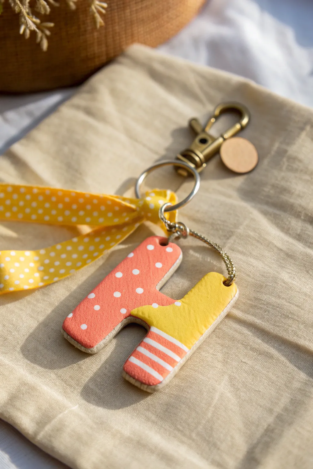 Bright air-dry clay initial charm for backpacks, simple boho patterns and a neat ribbon loop
