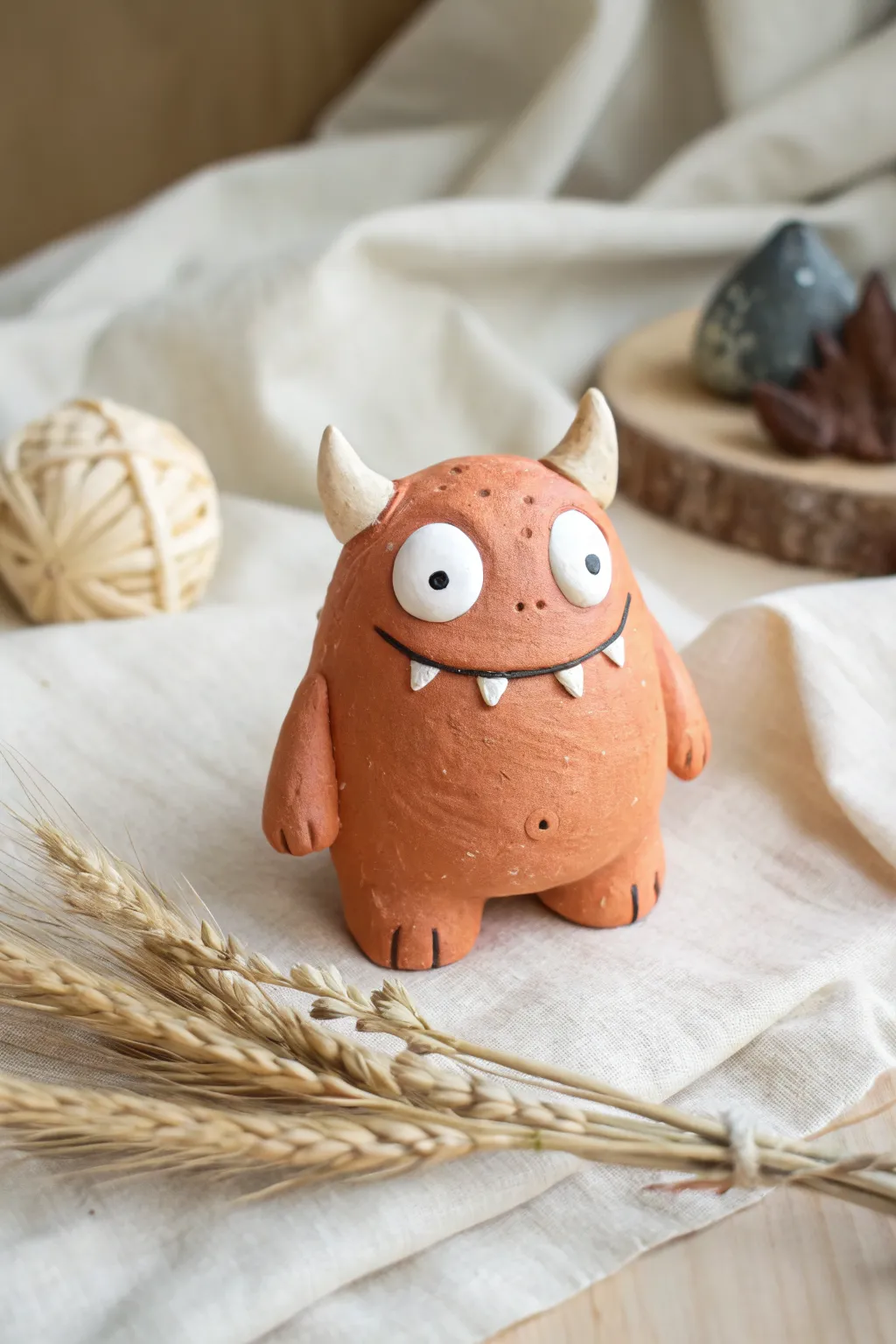 Chunky air dry clay monster buddy with googly eyes and a toothy grin, easy for kindergarten.